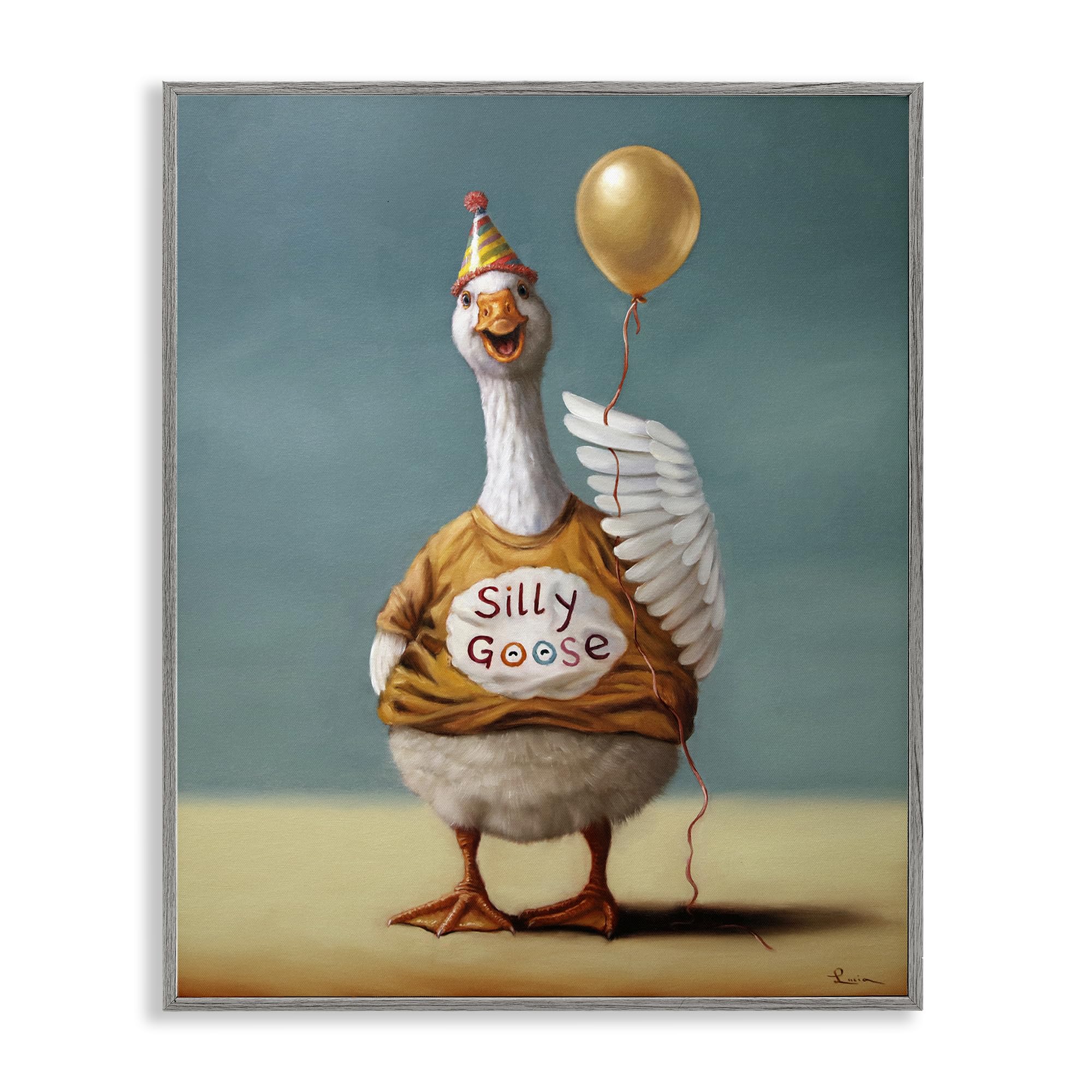 Stupell Industries 'Silly Goose with Balloon', Framed Giclee Art, Gray, 11 x 14 Inches, Easy to Hang and Sturdy, Made in USA, by Lucia Heffernan