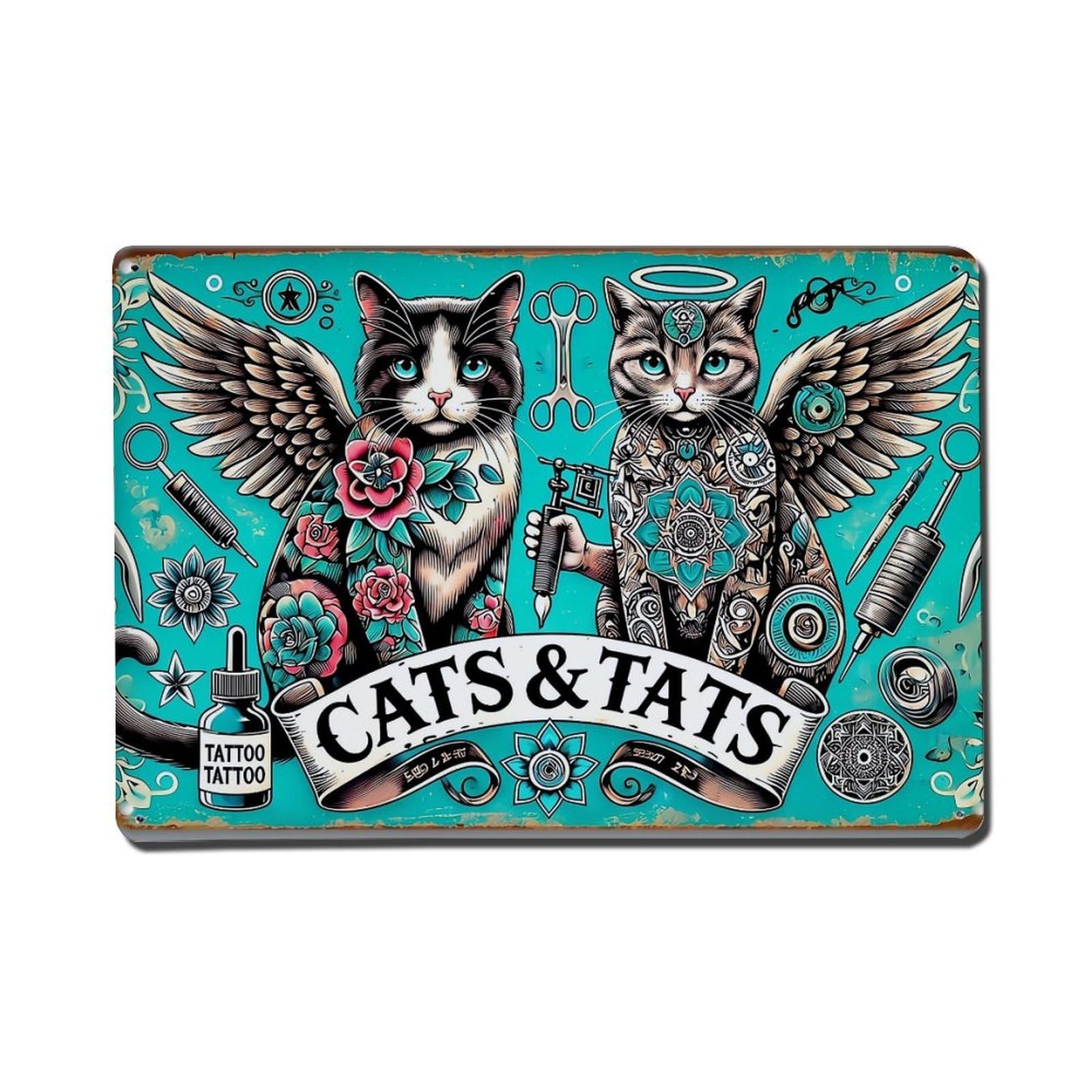 Jdfenggu Vintage Winged Cats With Tattoo Designs Retro Metal Tin Sign, Metal Poster For Bar, Home, Man Cave, Kitchen, Laundry Room Art Decor 8X12 Inch