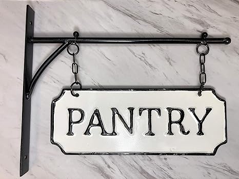 Amazon Com Silvercloud Trading Co Rustic Hanging Double Sided Pantry Embossed Black On White Enamel Metal Sign With Bracket Wall Decor Room Label Home Kitchen