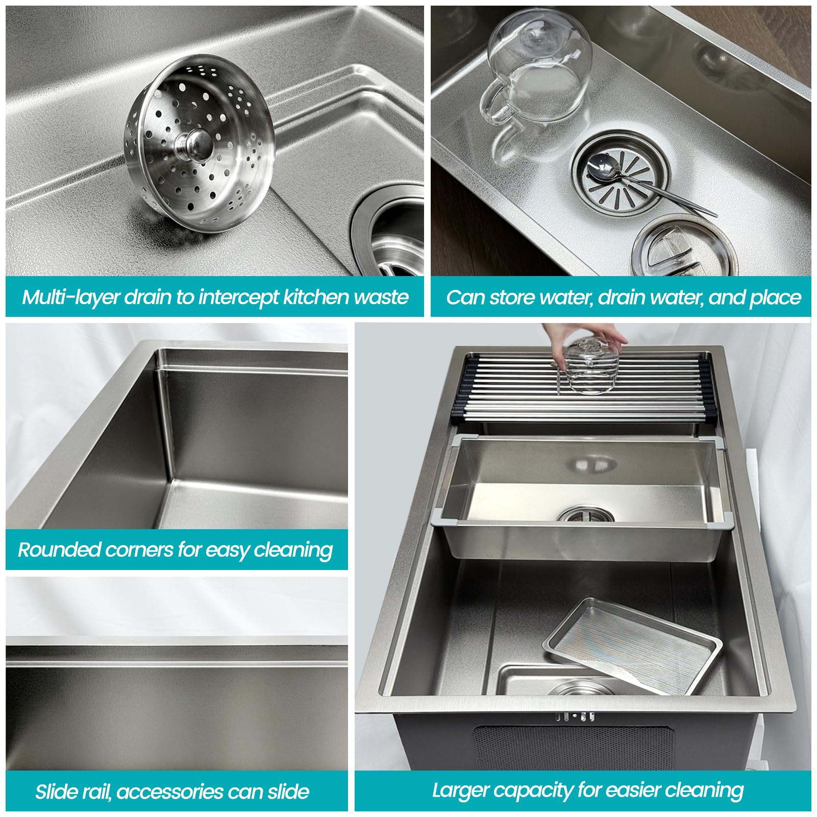 Lavello da Cucina 90x50cm Acciaio Inox 304, Kit Completo con Sifone e Drenaggio, Essiccatore, Tagliere, Vaschetta Piccola, Filtro Extra Grande, Resistente ai Graffi, Lavabo Basso/Montato su Piano