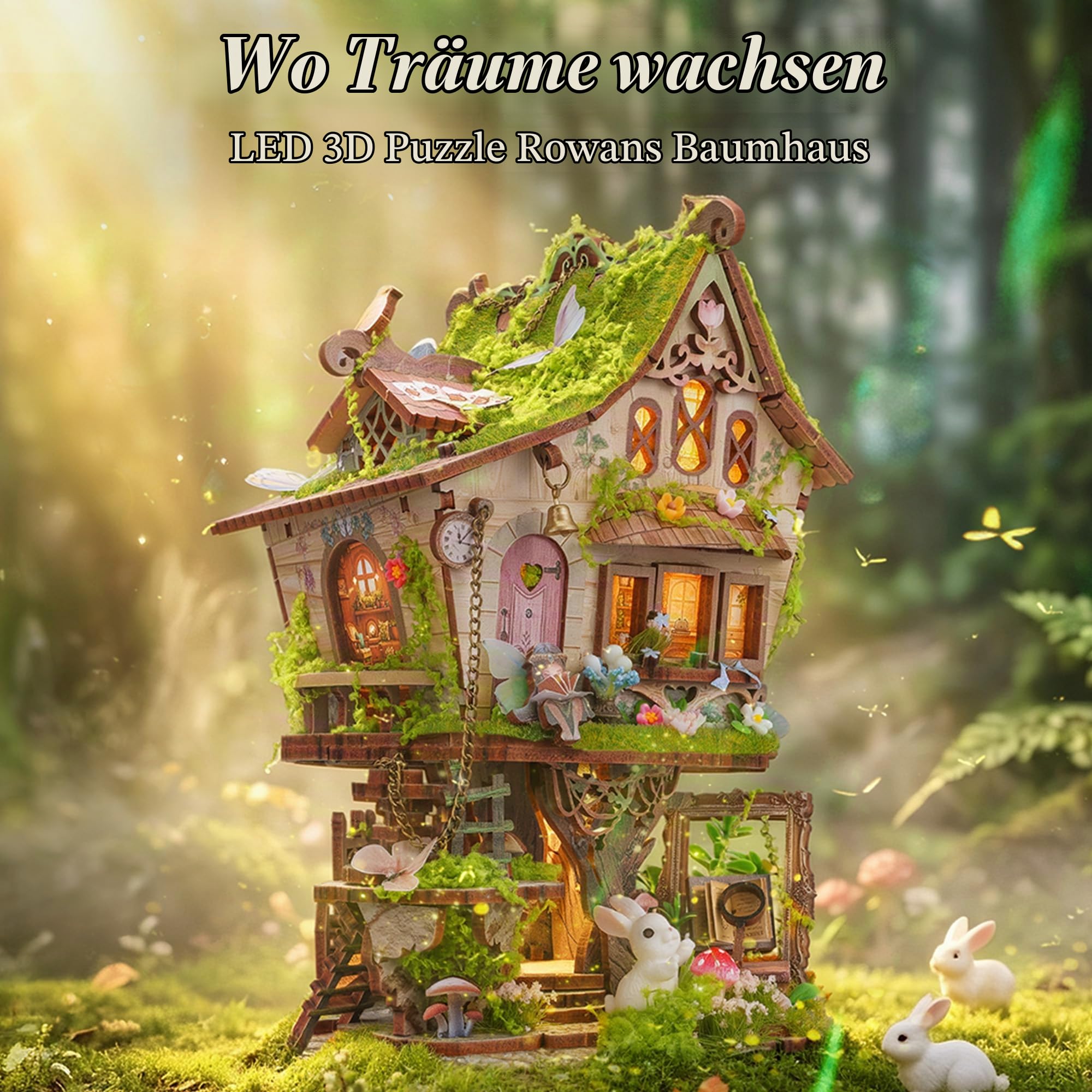 FUNPOLA 3D Holzpuzzle Rowan’s Treehouse mit LED-Licht – DIY Miniatur Baumhaus im Märchenstil, kreatives Holzmodell als Deko Geschenk für Erwachsene und Jugendliche (14+)