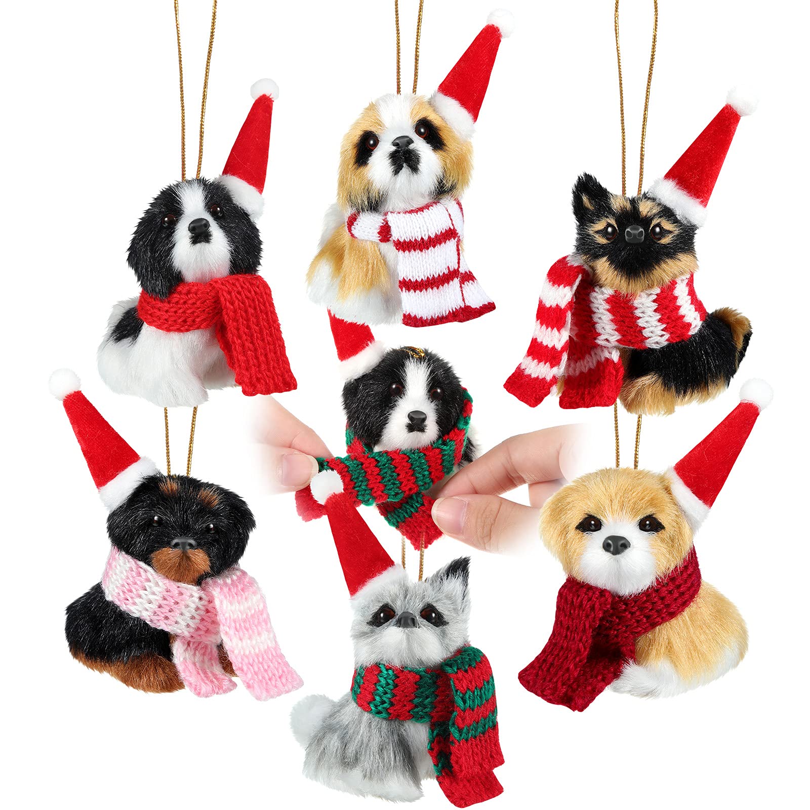 6 Pieces Christmas Dog Ornament with 6 Scarfs Santa Hats Funny Cute Doggy Hanging Decorations Lanyard Artificial Fur Decorative Furry Pet Pendant for Xmas Tree Decor Home Present Party DIY