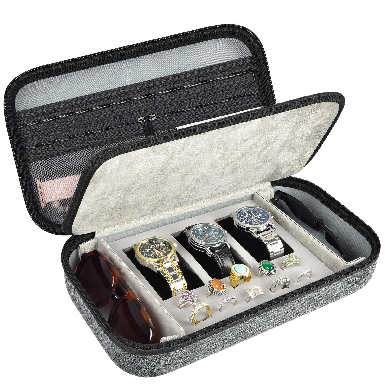 Joyero organizador de relojes para hombres y mujeres, cajas de exhibición de viaje con 3 compartimentos para relojes, 2 ranuras para gafas, 10 soportes para anillos, bolsa de malla para collares