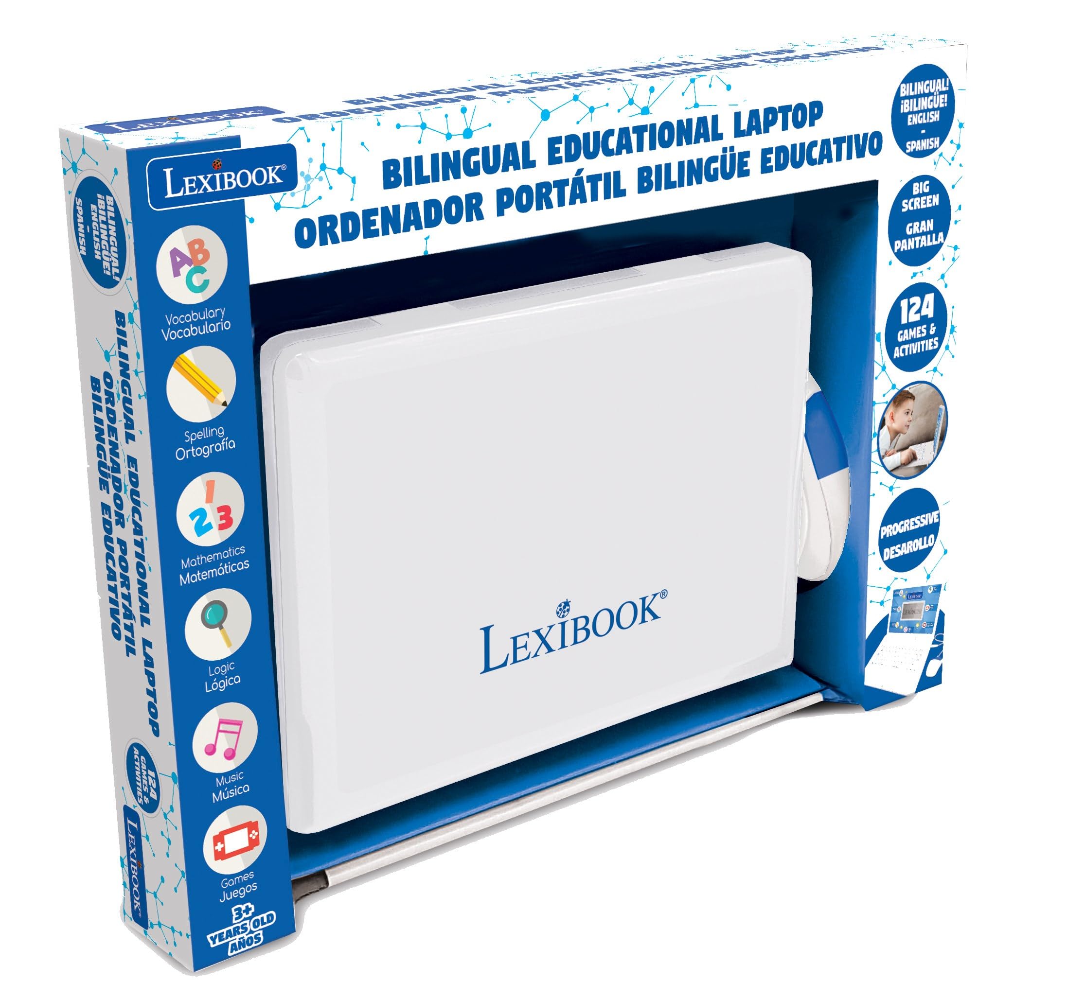 LEXIBOOK - Portatile educativo e bilingue spagnolo/inglese - Giocattolo per bambini con 124 Attività per l'apprendimento della matematica, digitale, logica, lettura di orologi, giochi e musica