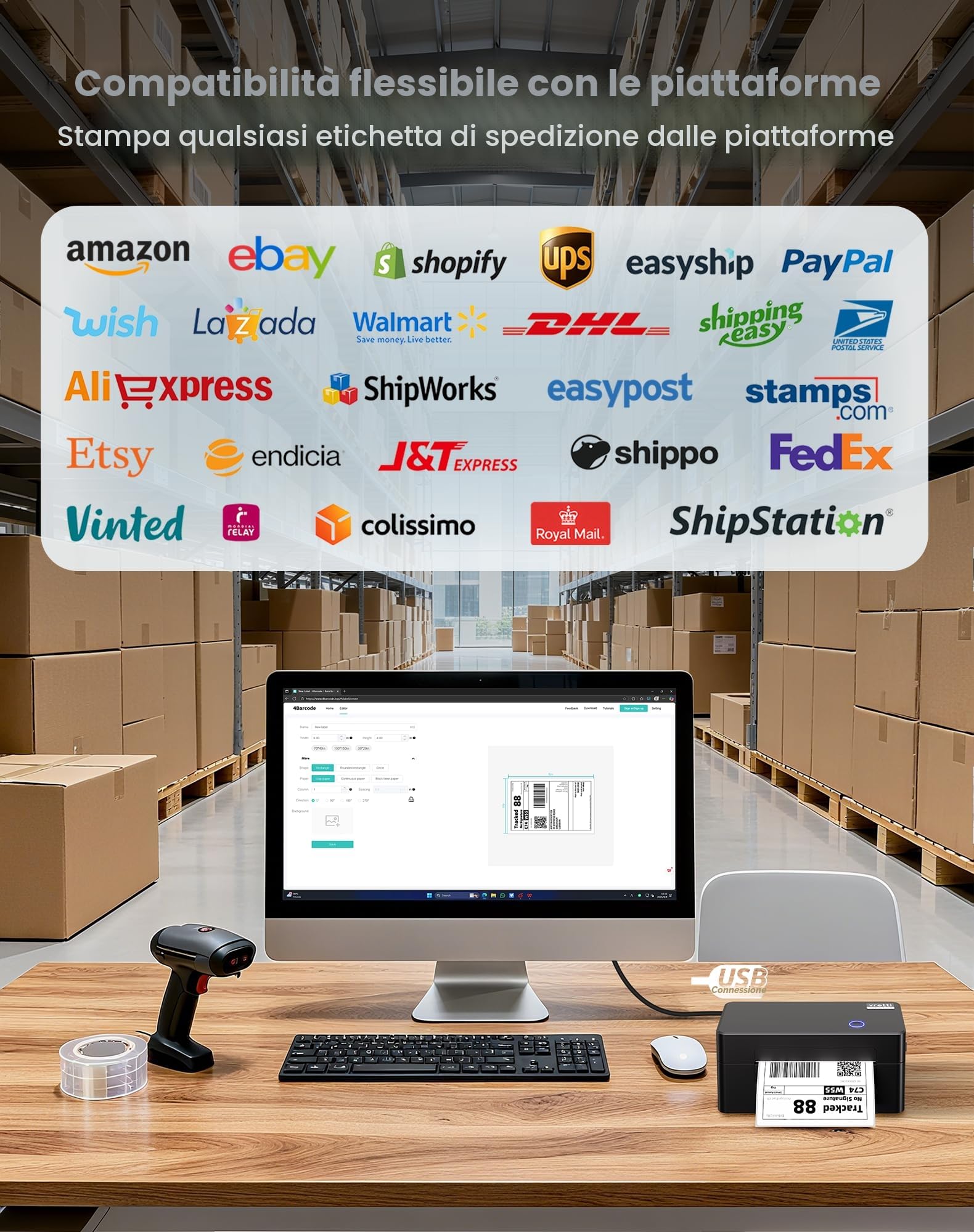 vretti Stampante termica per etichette USB, D402B Stampante per etichette di spedizione Macchina 4x6 per la spedizione di pacchetti,Compatibile con Amazon, DHL, Etsy, Shopify, eBay, UPS & FedEx