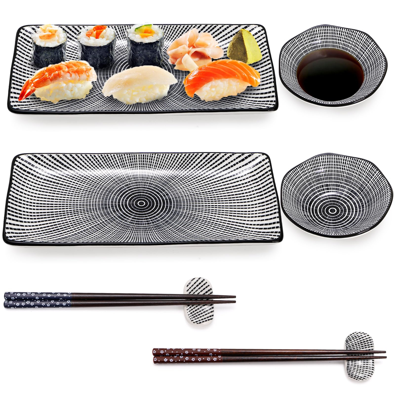 Juego de 8 platos de sushi de cerámica, para 2, vajilla japonesa de sushi para inauguración de la casa, incluye 2 platos para servir, 2 cuencos para salsa, 2 pares de palillos, 2 soportes para 8