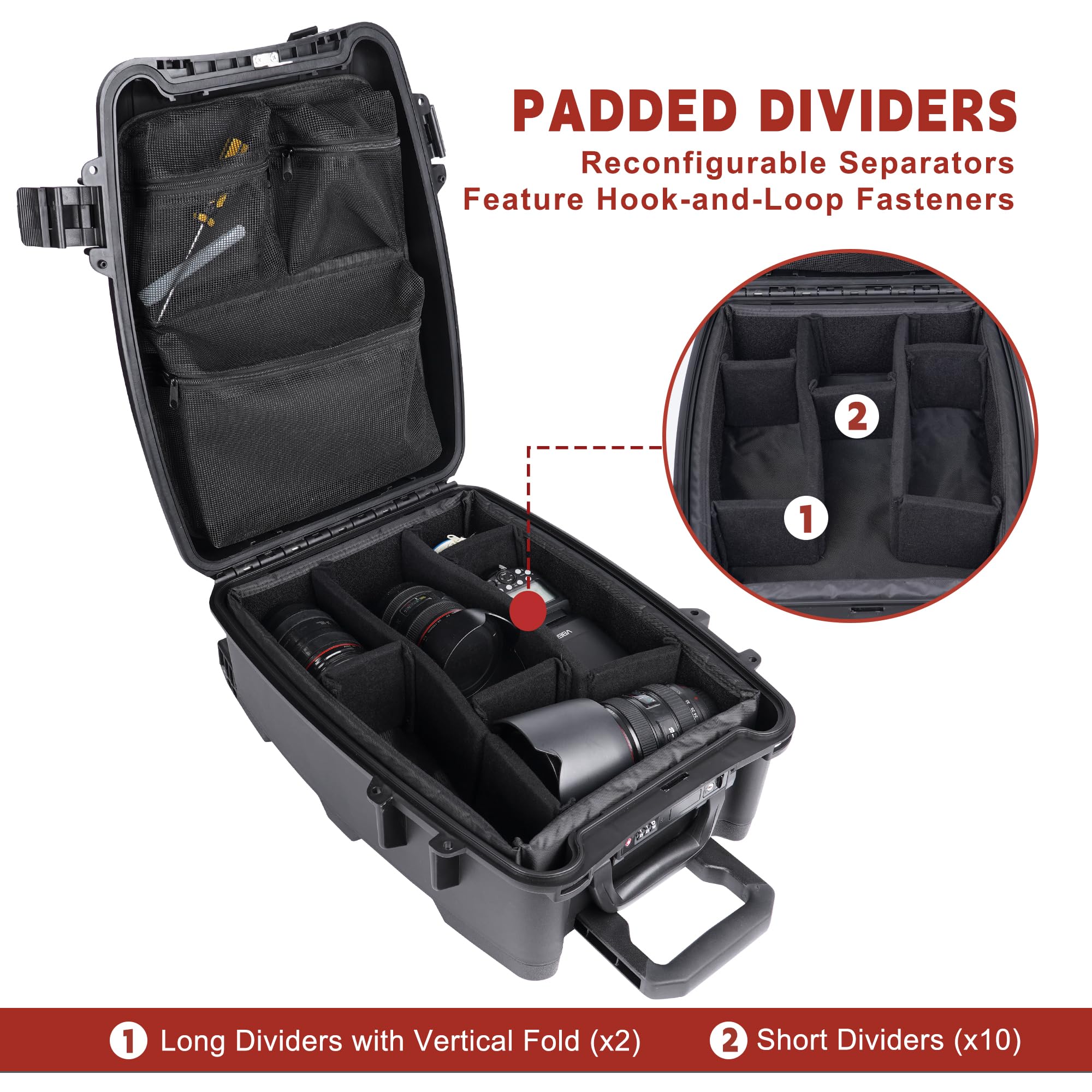 Rolling Camera Equipment - Custodia rigida con schiuma personalizzata, impermeabile e antiurto, per drone, manico telescopico, approvato per aereo, 36,1 x 21,1 x 50 cm, nero
