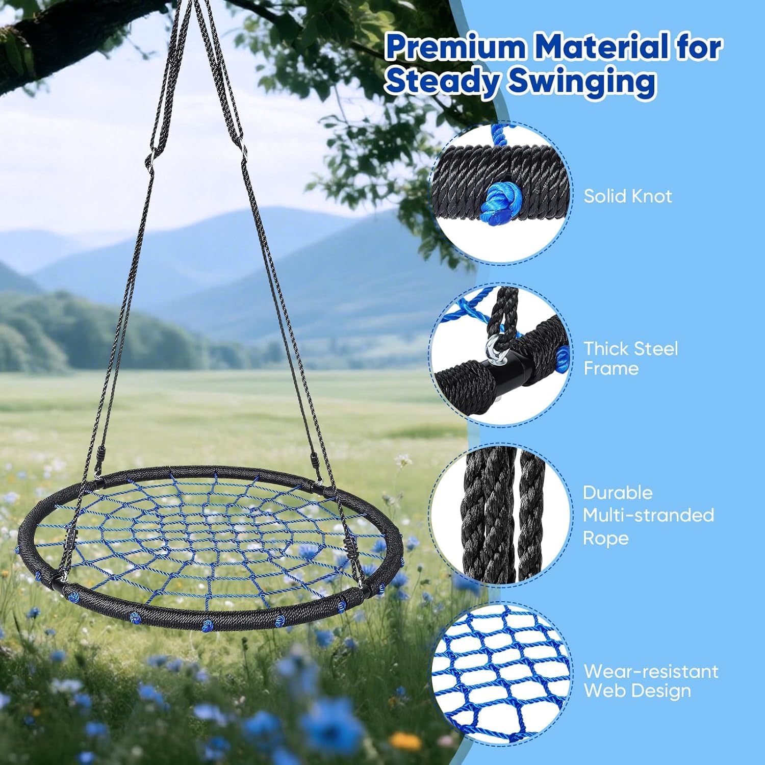 Balançoire nid d'extérieur, cordes réglables en hauteur, diamètre : 100 cm, pour jusqu'à 300 kg, balançoire pour enfants et adultes, balançoire nid d'oiseau de 100 cm - 2