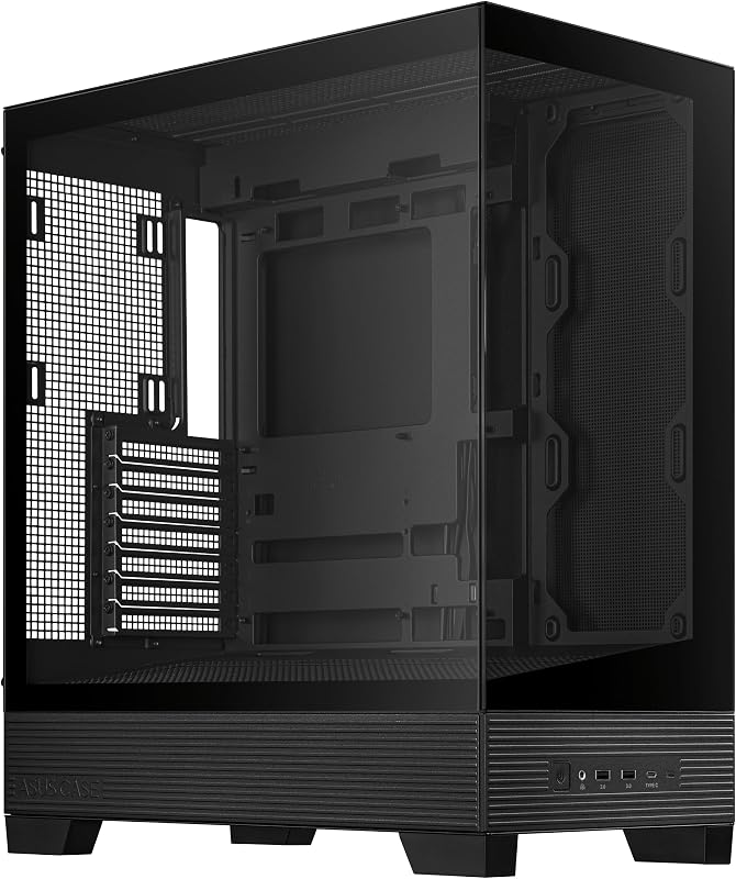 ASUS A31 Black ATX Mid-Tower Gaming Case, Dual Tempered Glass, Frameless, BTF Hidden Connectors, 360 AIO Support, Angled Base, ARGB, Optimized Airflow, Seamless Cable Management, 2 Year Warranty