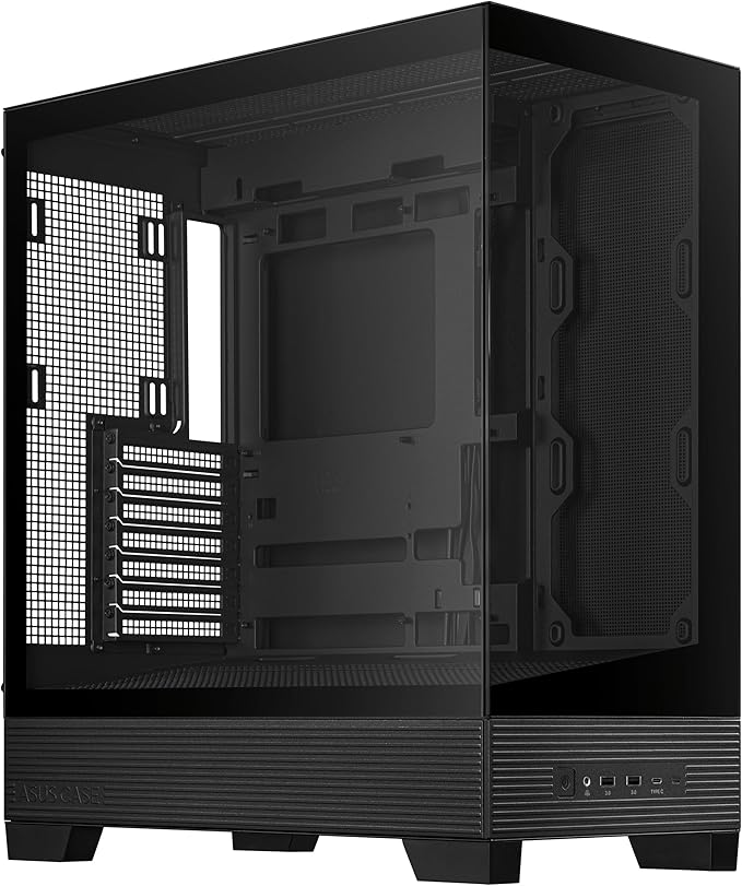 ASUS A31 Black ATX Mid-Tower Gaming Case, Dual Tempered Glass, Frameless, BTF Hidden Connectors, 360 AIO Support, Angled Base, ARGB, Optimized Airflow, Seamless Cable Management