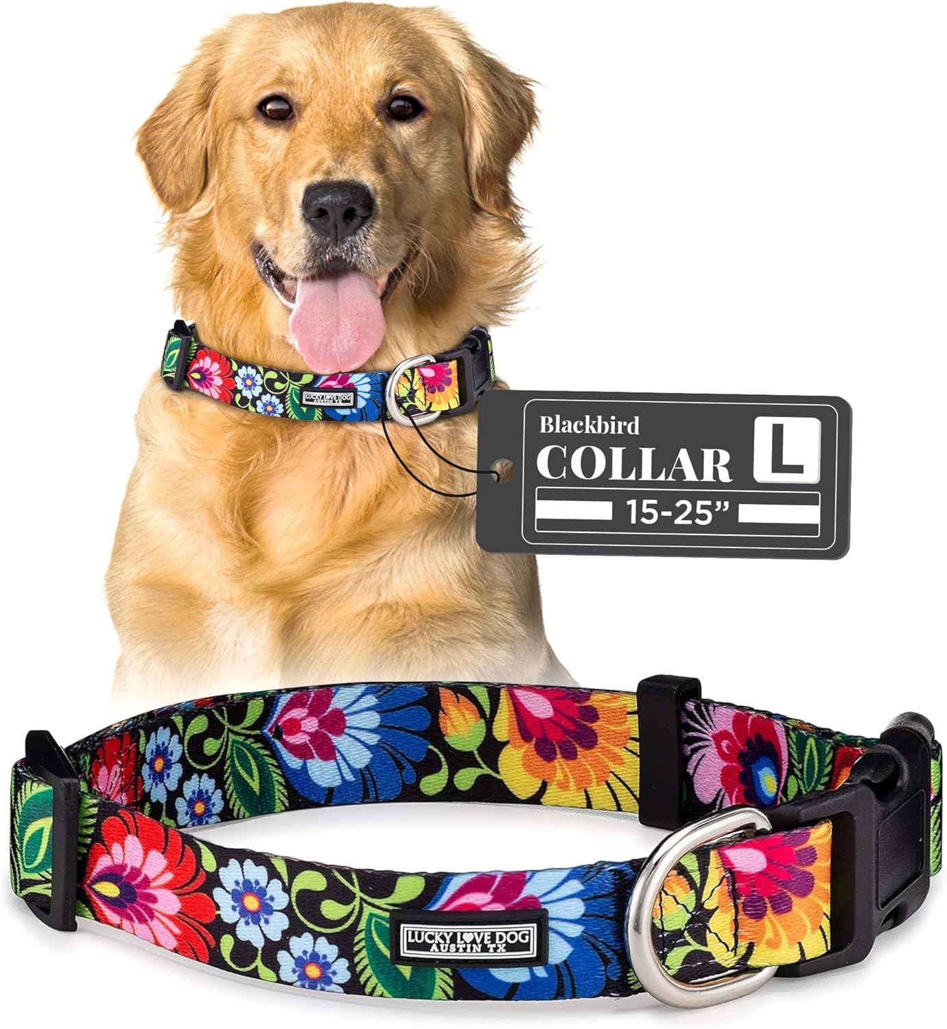 Lucky Love Dog Collars, Vivid Floral Dog Collar, Cute Dog Collar for Large Female Dogs, Blackbird, Large