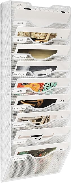 TQVAI 10-Tier Hanging Wall Files Organiser, Magazine File Holder, A4 Paper Storage, Document Holder, Wall Mounted Magazine Rack, White