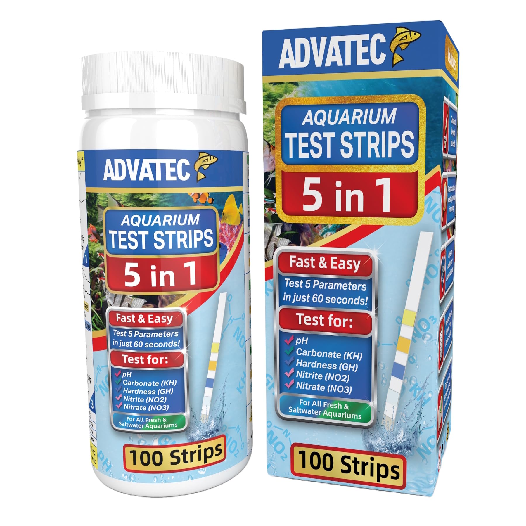 5 in 1 Aquarium Test Strips Kit for Freshwater & Saltwater - Water Fish Tank Tester for pH, Carbonate, General Hardness, Nitrite & Nitrate - 100 Count