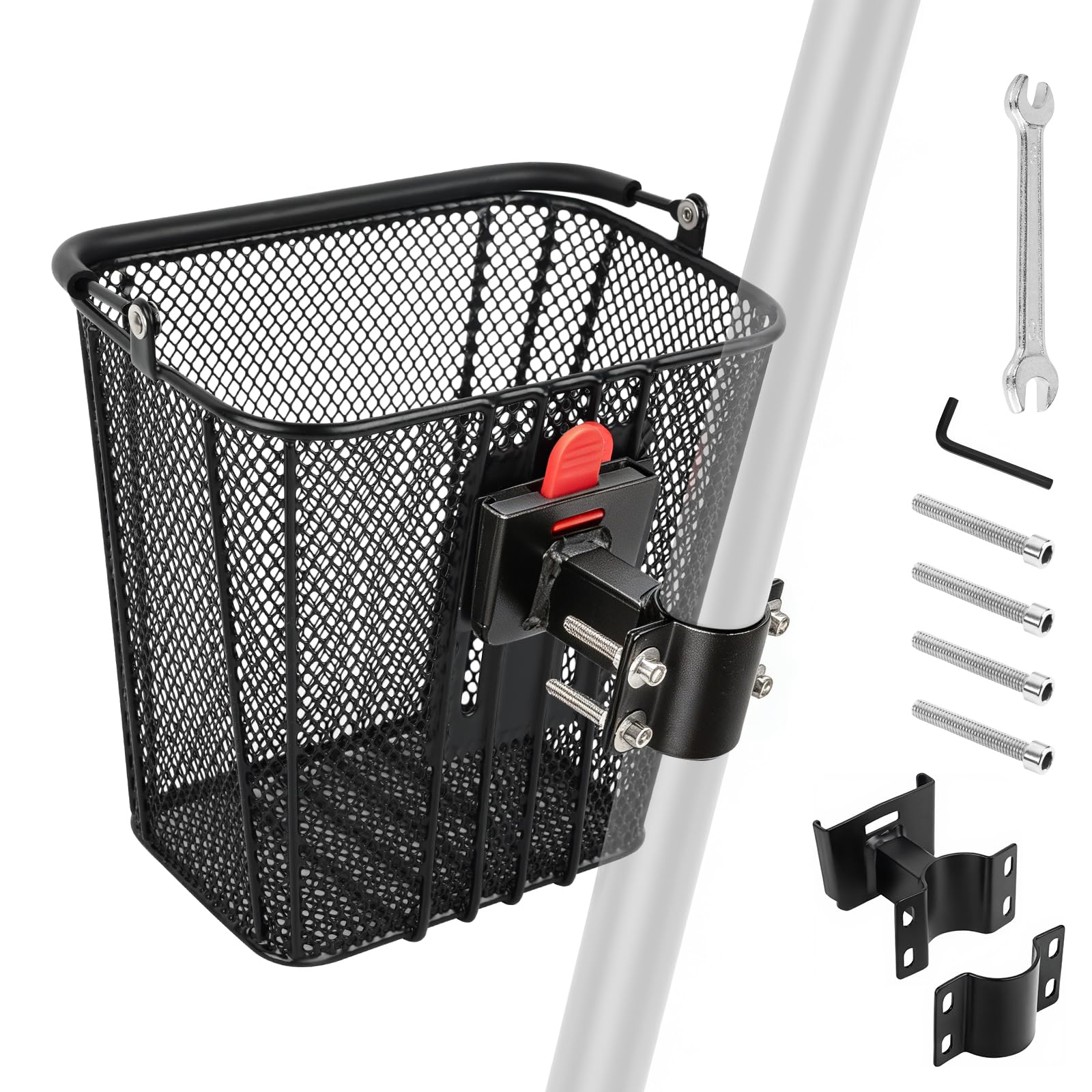 Panier Avant Trottinette Électrique, Panier de Guidon Amovible | avec Fixation Rapide, Compatible Guidon 34–62mm, Charge Max 15kg, Panier Métallique Solide avec Poignée, 22x17x24,5cm
