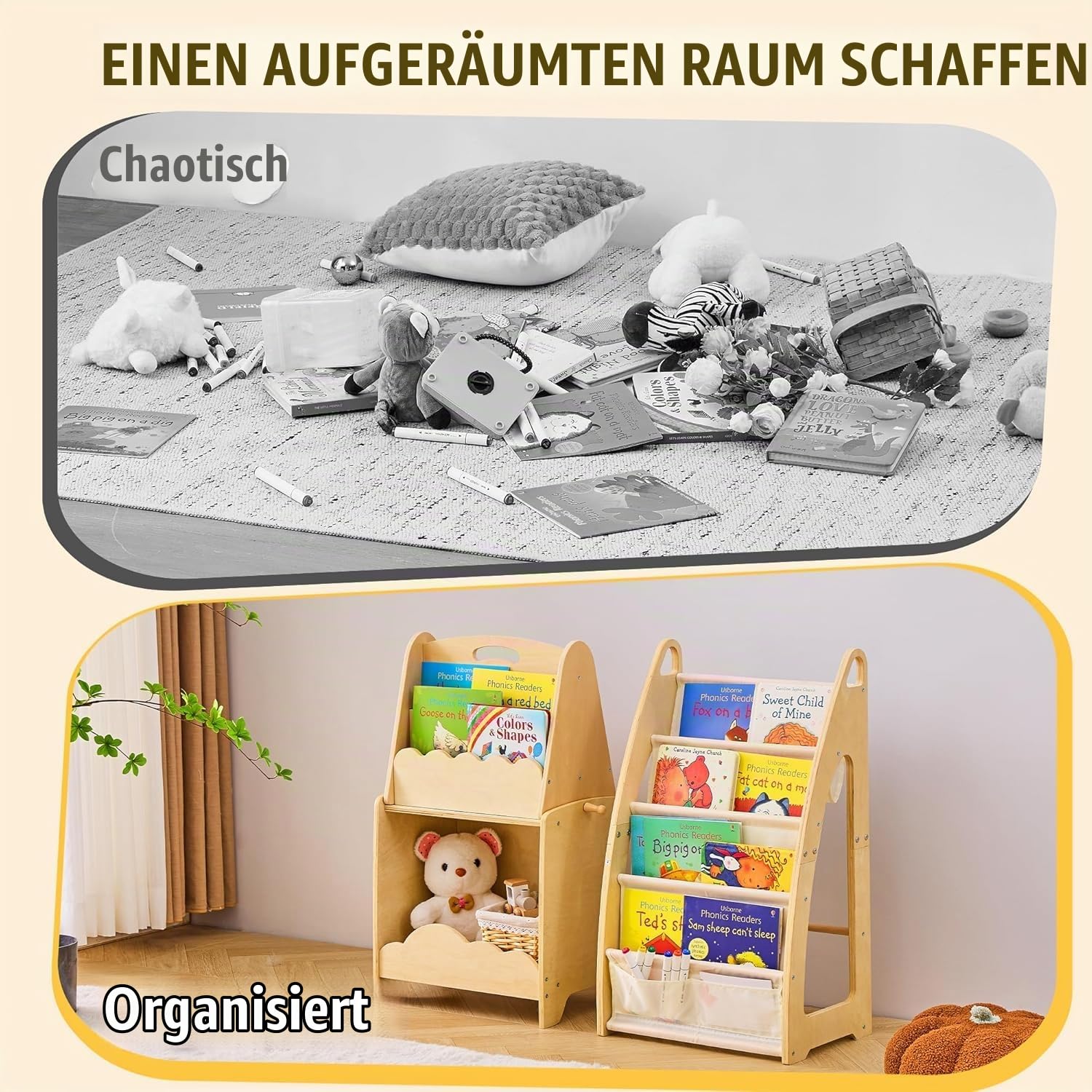 Jolitac 3tlg Kinder Bücherregal, Kinderzimmer Spielzeugregal aus Holz, Spielzeug Organizer Regal Aufbewahrung für Kindergarten, Spielzimmer