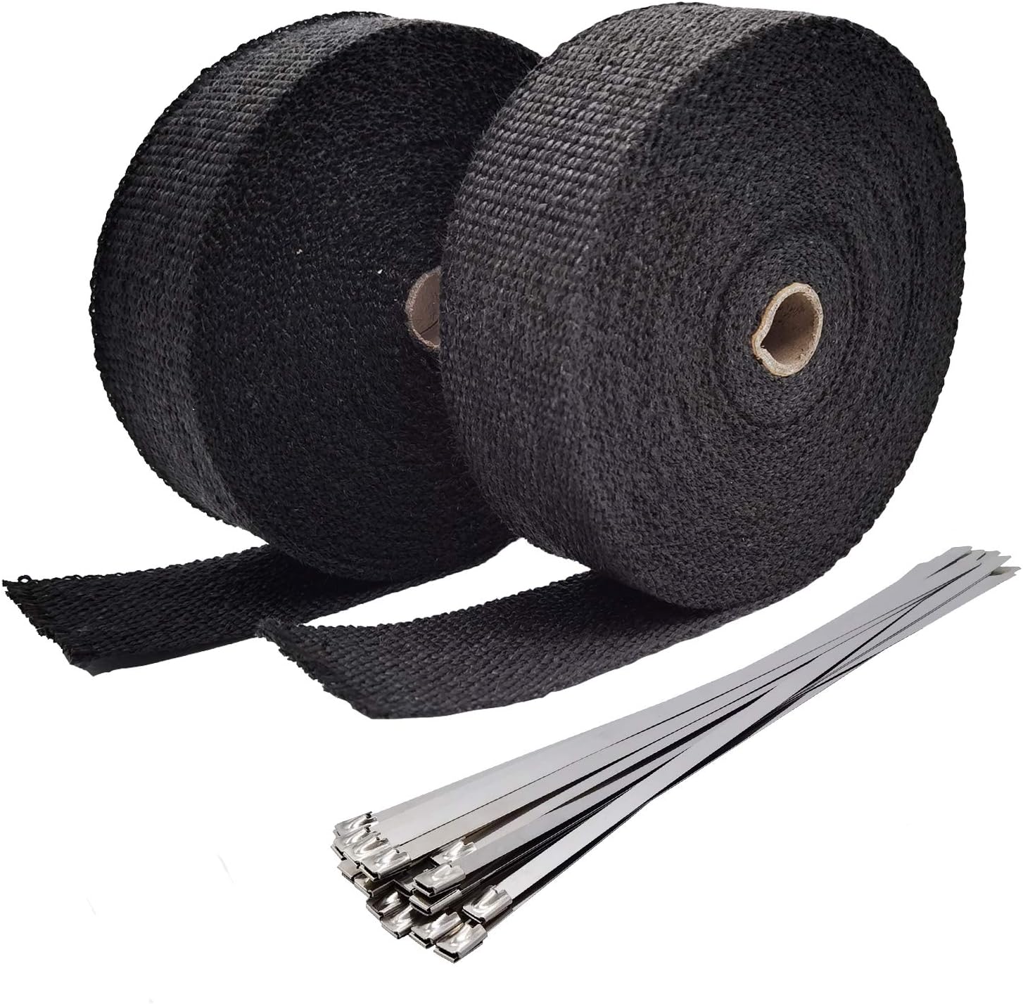 Ucreative Black Fiberglass Exhaust Header Heat Wrap 2 Rolls (2" x 50' each roll) Kit with 20pcs 11.8 Inch Stainless Steel Locking Ties (2-Pack)