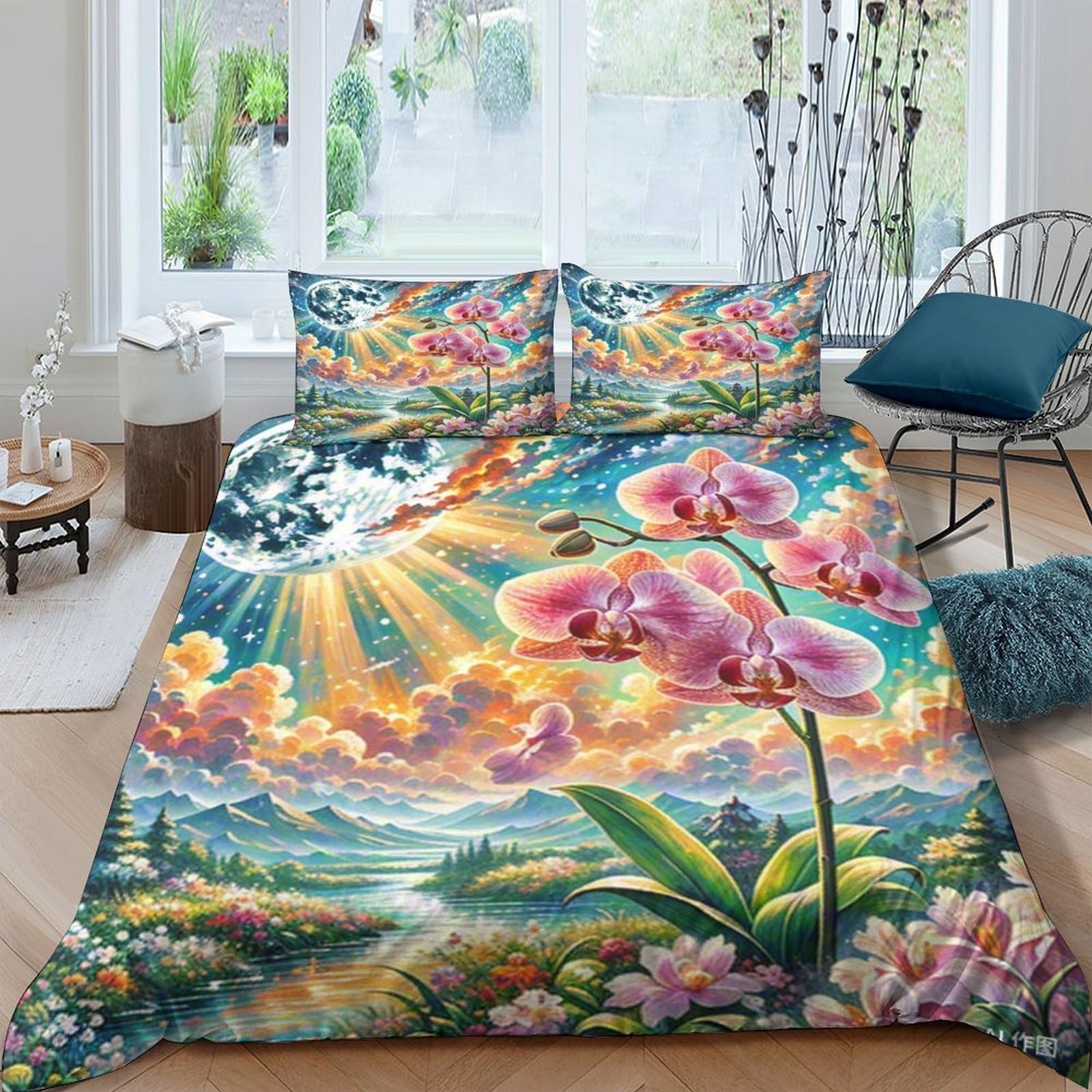 Parure de lit 220x240cm Phalaenopsis imprimée en 3D avec microfibre haute densité