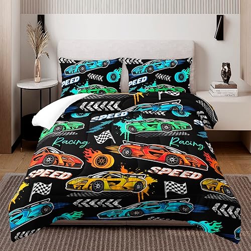 Miniatura 2 de HOSIMA Juego de edredón infantil de 3 piezas con 2 fundas de almohada, ropa de cama de automóvil de carreras para niños y niñas, edredón de juegos