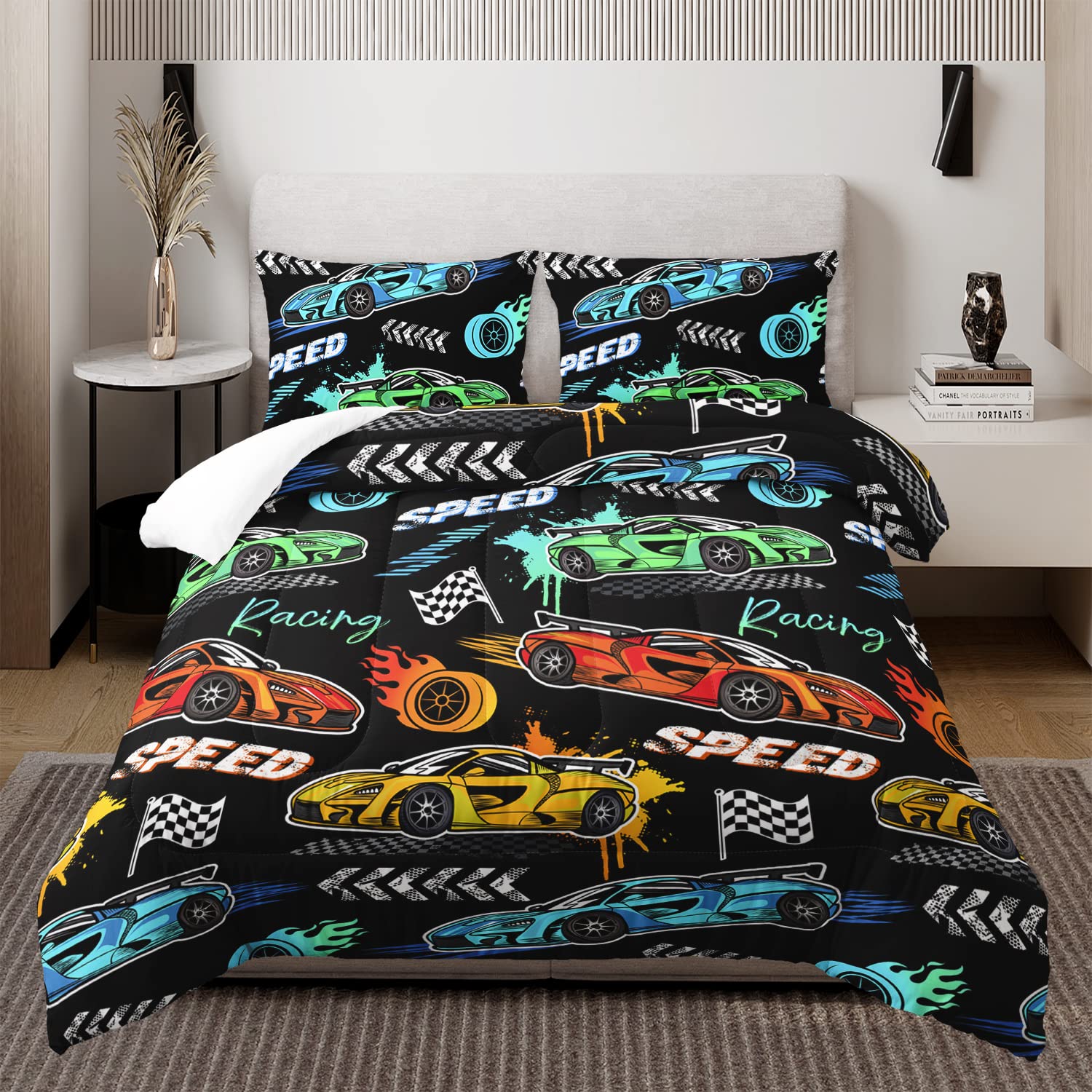 HOSIMA Child's Cartoon Sports Car Comforter 3Piece Set with 2 Pillowcases,Racing Car Bedding for Boys and Girls,Fast and Furious Extreme Sport Games Comforter,Black Twin Comforter Set.