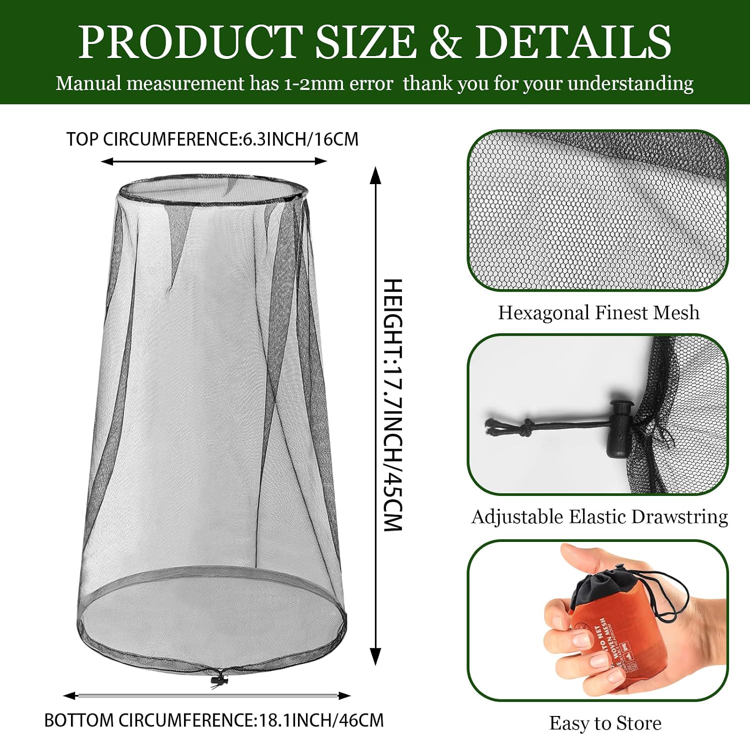 Mosquito Net Hat,Premium Mosquito Head Net for Insect,Fly & Bug Netting for Head,Extra Fine Holes Protection Face Cover Mask for Camping,Hiking,Fishing,Gardening,Safari,Fits All Hats for Men & Women