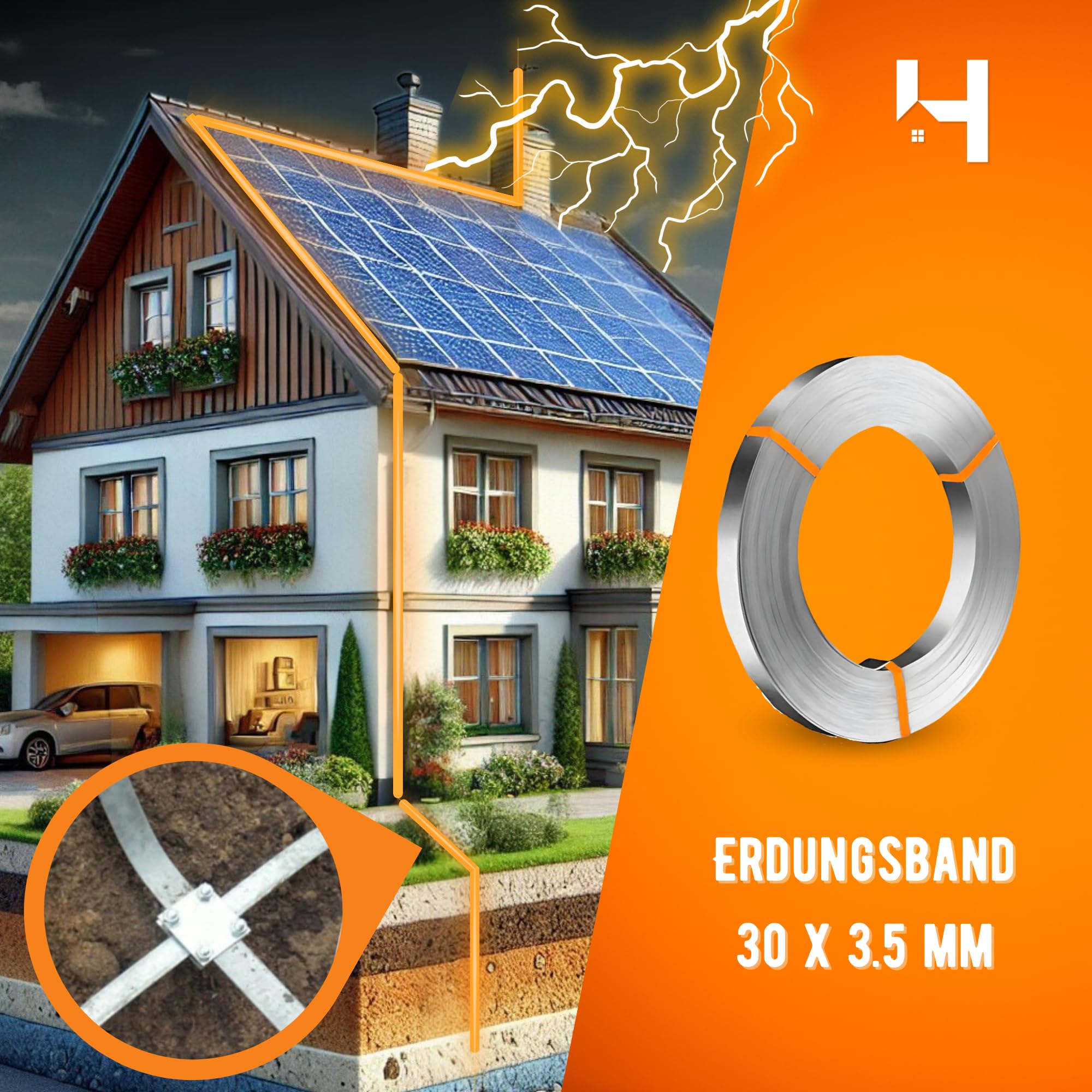 HausHeld® Erdungsband 30 m – 30x3,5 mm Feuerverzinkt | Flachstahl für Blitzschutz & Erdung | Verzinktes Stahlband für PV-Anlage & Fundamenterder