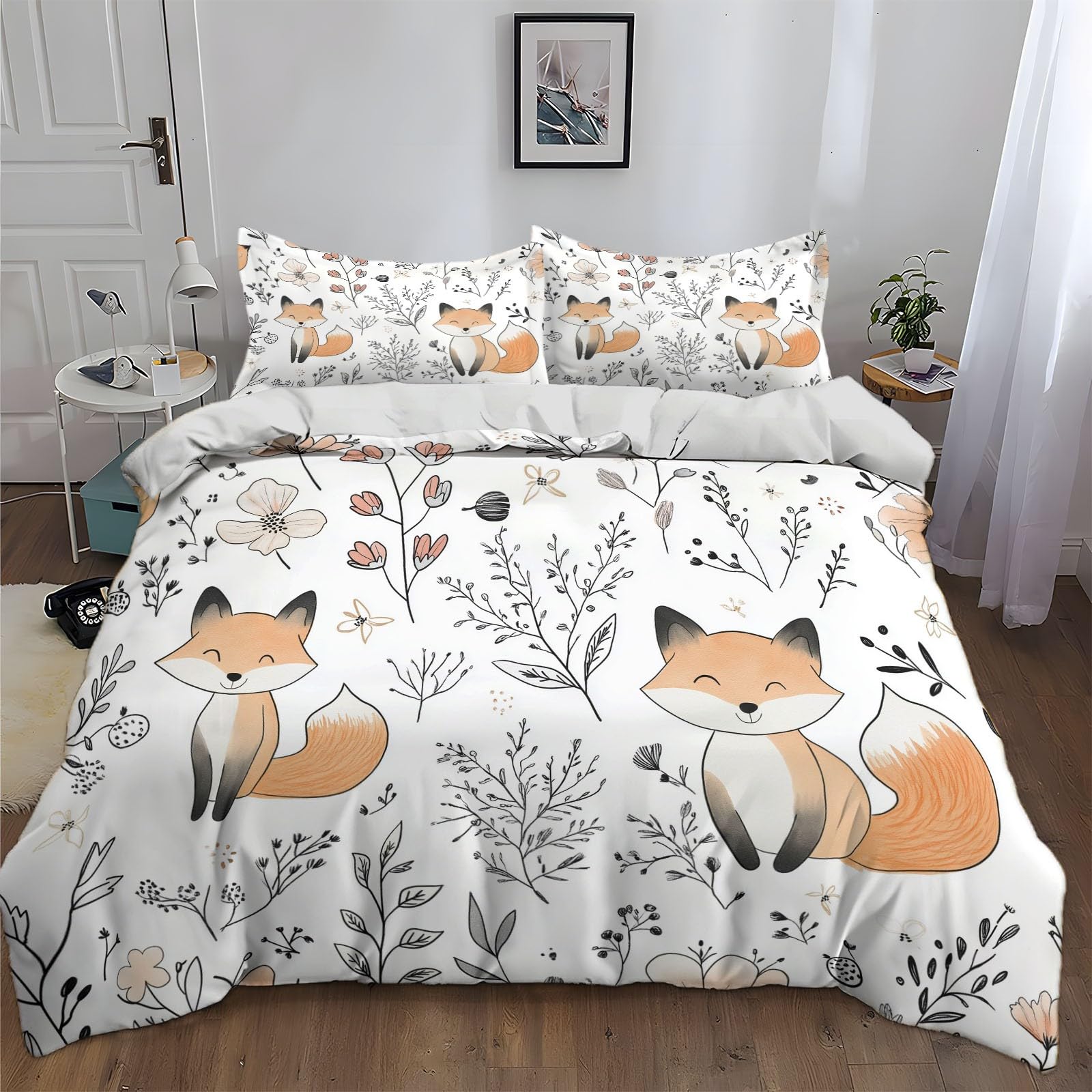 Bedding Sets Cartoon Fox Flower Print Duvet Cover Set, Comforter Cover 3D Duvet Cover Full Size Soft Youth Reversible 3-Piece Quilt Cover for Kids Teens