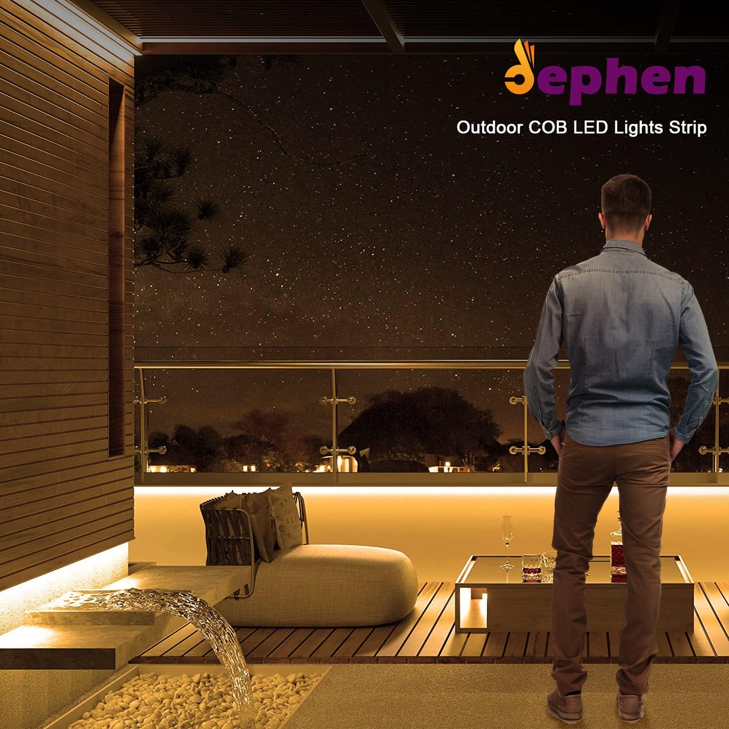 dephen Outdoor COB LED Strip 16.4ft, DC24V 3000K Silicone Rope Lights 528LEDS/m, IP67 Waterproof Cuttable with 3M Tape for Home, Balcony, Roof, Garden, Patio UL-Listed (NOT Included Power Supply)