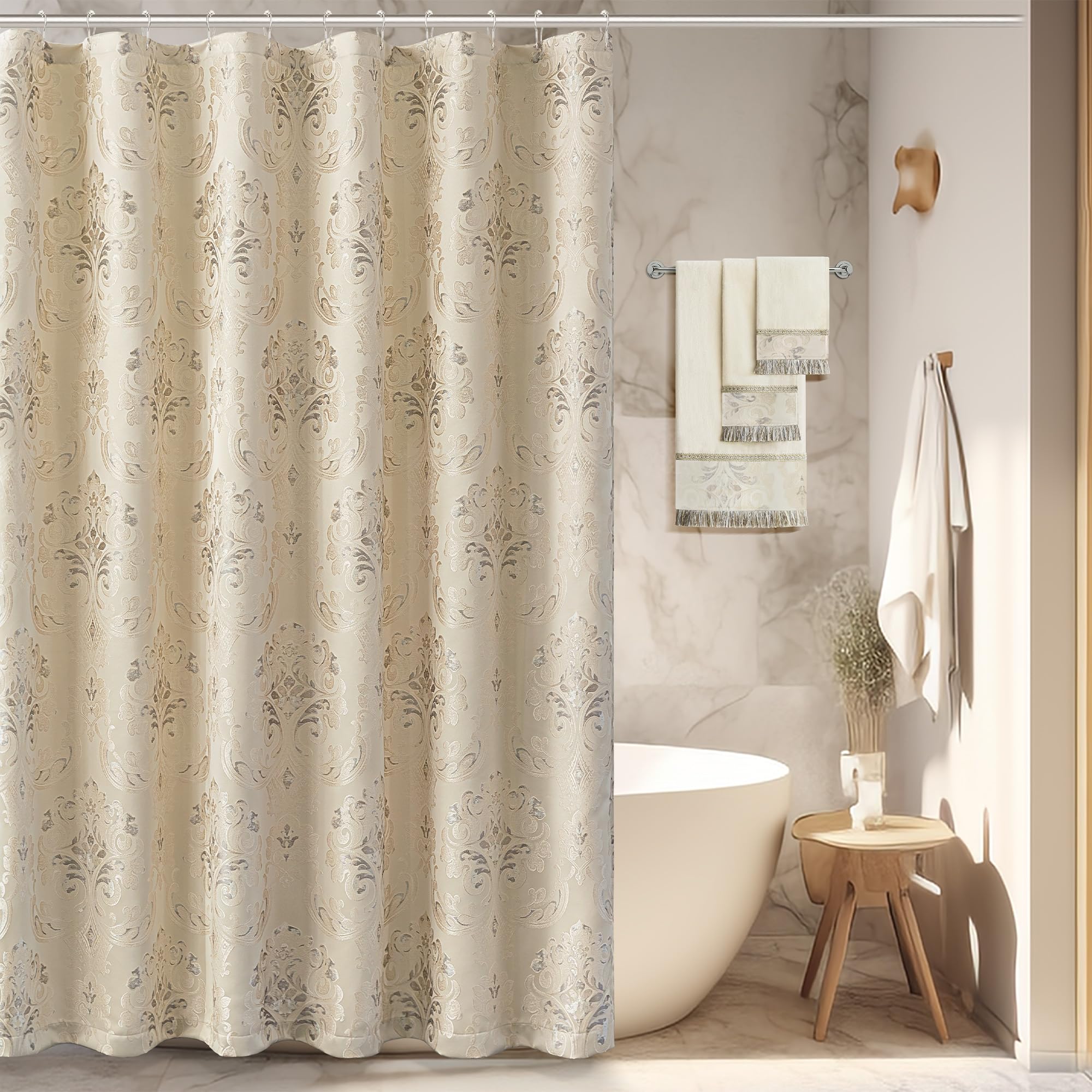 TOPLUXE Jacquard Shower Curtain with 12 Metal Hooks 180x180cm, Beige