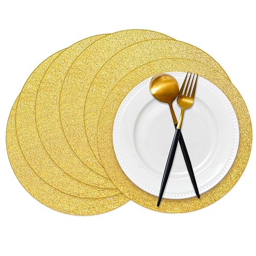 50 Pieces Gold Glitter Paper Place Mats Sparkle 14'' Round Disposable Table Mats Golden Sequin Doilies Decorative Placem