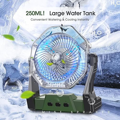 Miniatura 2 de Ventilador solar de niebla de 10 W, ventilador de campamento de 10000 mAh portátil con panel solar y tanque de agua de 8.5 fl oz, ventilador de