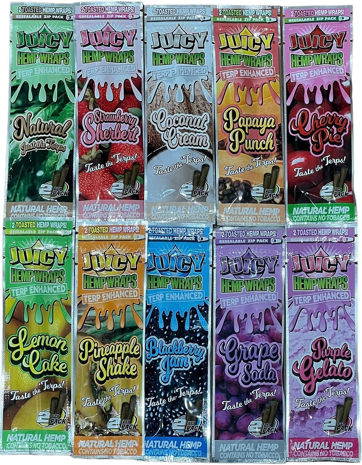 Juicy Jay's Hemp Wrap Assorted 10 Pack Bundle 20 Wraps total (2 per pack) with We Roll With It Tube