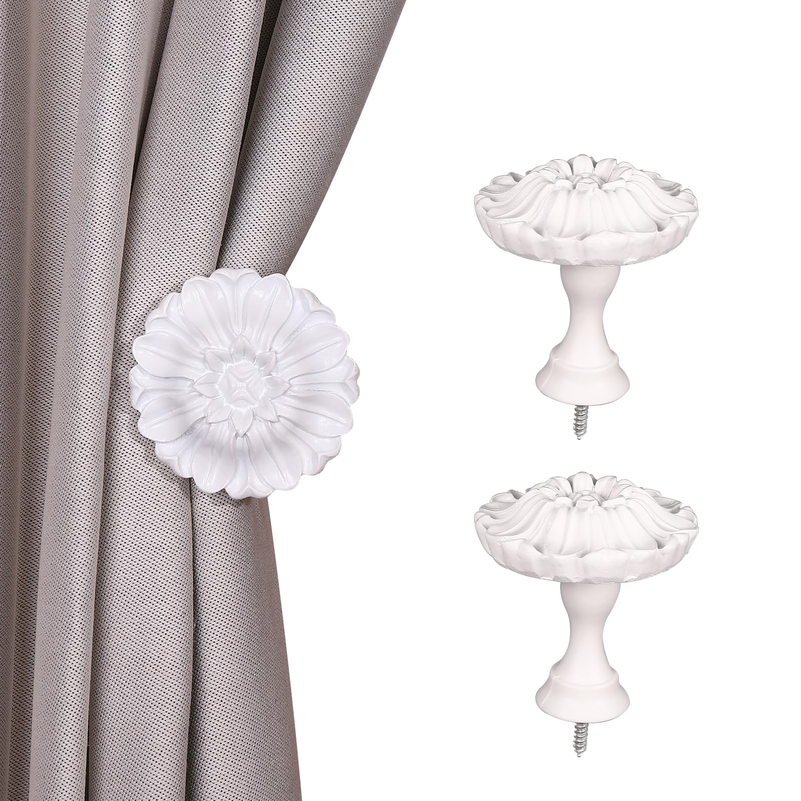 Suq I Ome White Suqiome Set Of 2 Blossom Window Drapery Vintage Curtain Adhesive Medallion Holdbacks Tiebacks, Wall Hook, Tassel Holder For Room (White)