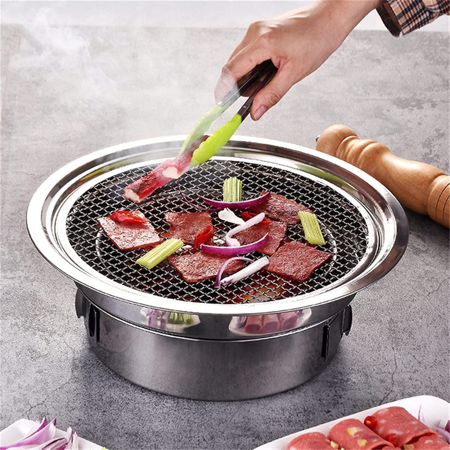 grill, Grill węglowy ze stali nierdzewnej okrągły nieprzywierający grill grille przenośny do grillowania na świeżym powietrzu