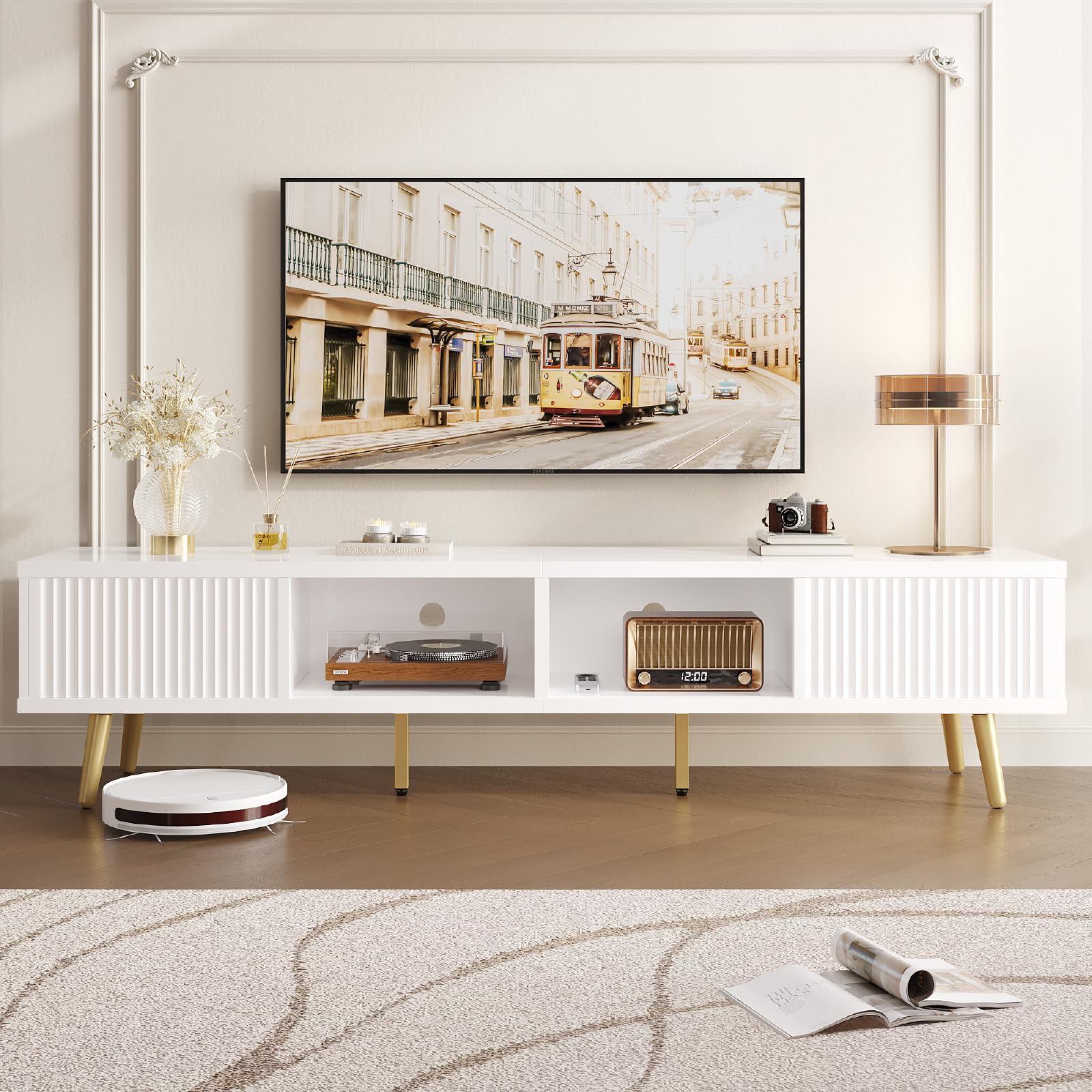 Bestier TV Stand for 75/80 inch TV, Low TV Stand with Fluted Sliding Doors, High Gloss Entertainment Center with Storage for Living Room, Cord Management, White and Gold