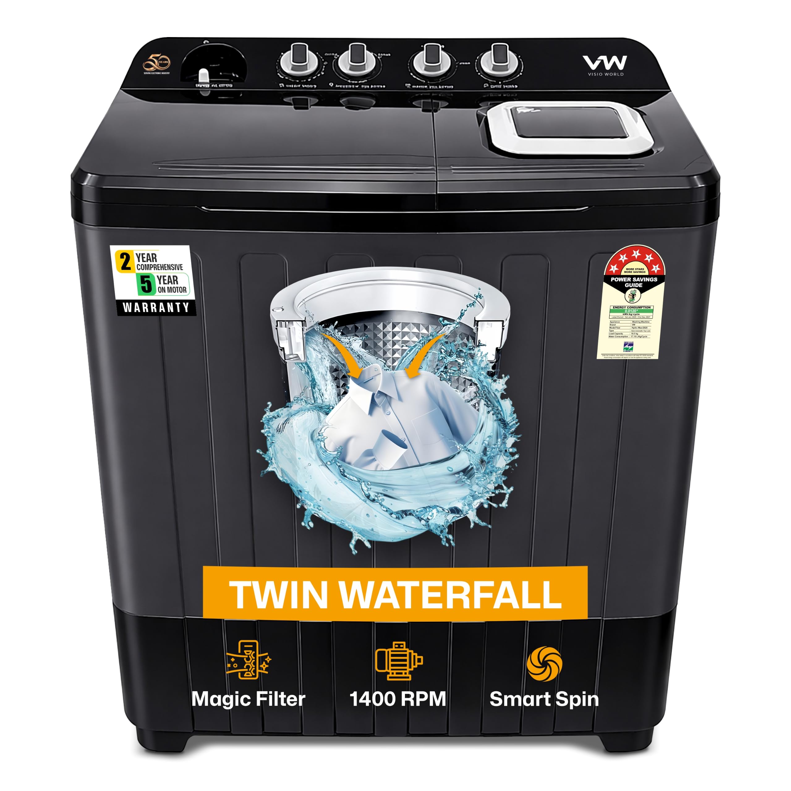 VW 10.5 kg Semi Automatic Top Load Washing Machine with Wings Pulsator Technology, HydroMax0105P, Black-image-33