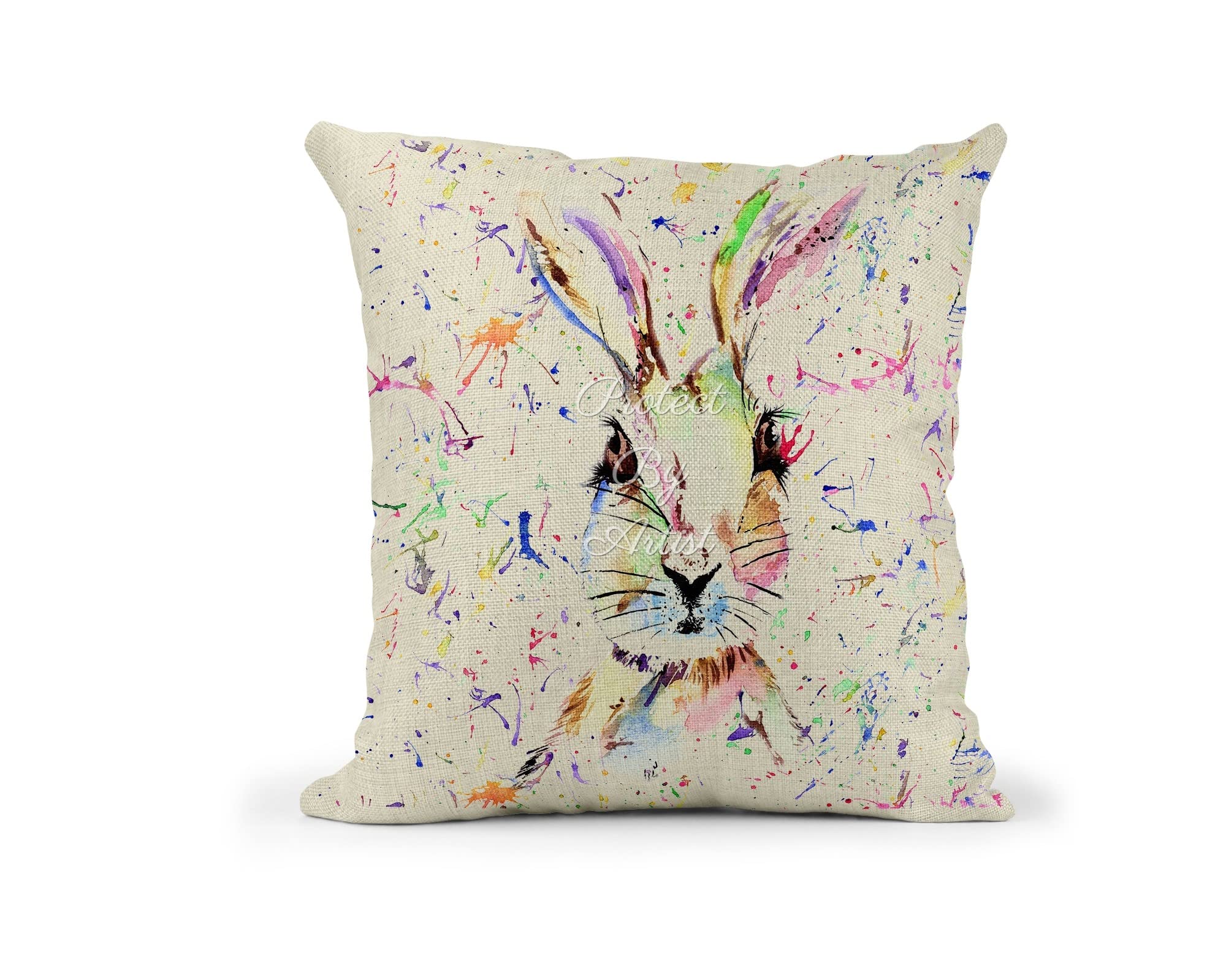 Vixar Hare, bunny Rabbit Watercolour Rainbow Art Linnen Cushion With filling or cover only, 40x40cm, gift, christmas, Birthday (Cover Only) (Cover Only)