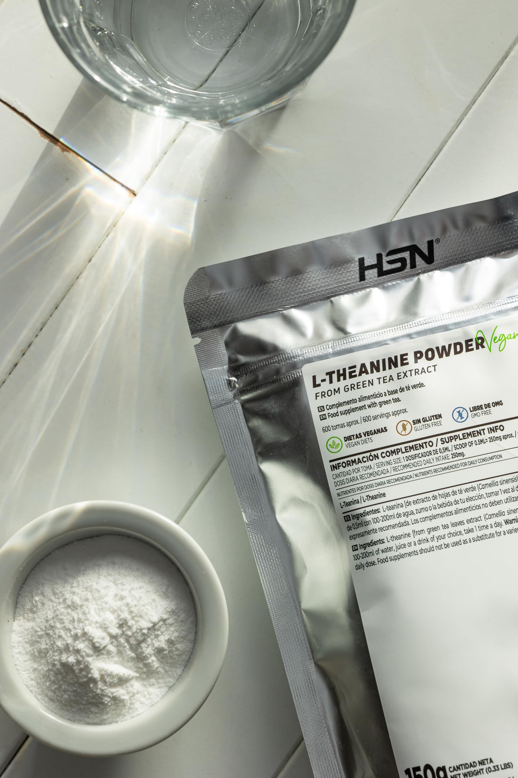 HSN L-Teanina en Polvo | 250 mg por Dosis Diaria | 500g | Aminoácido Natural del Té Verde en Forma Libre | 100% L-Teanina Pura Sin Aditivos | Vegano, Sin Gluten, No-GMO | No Incluye Dosificador