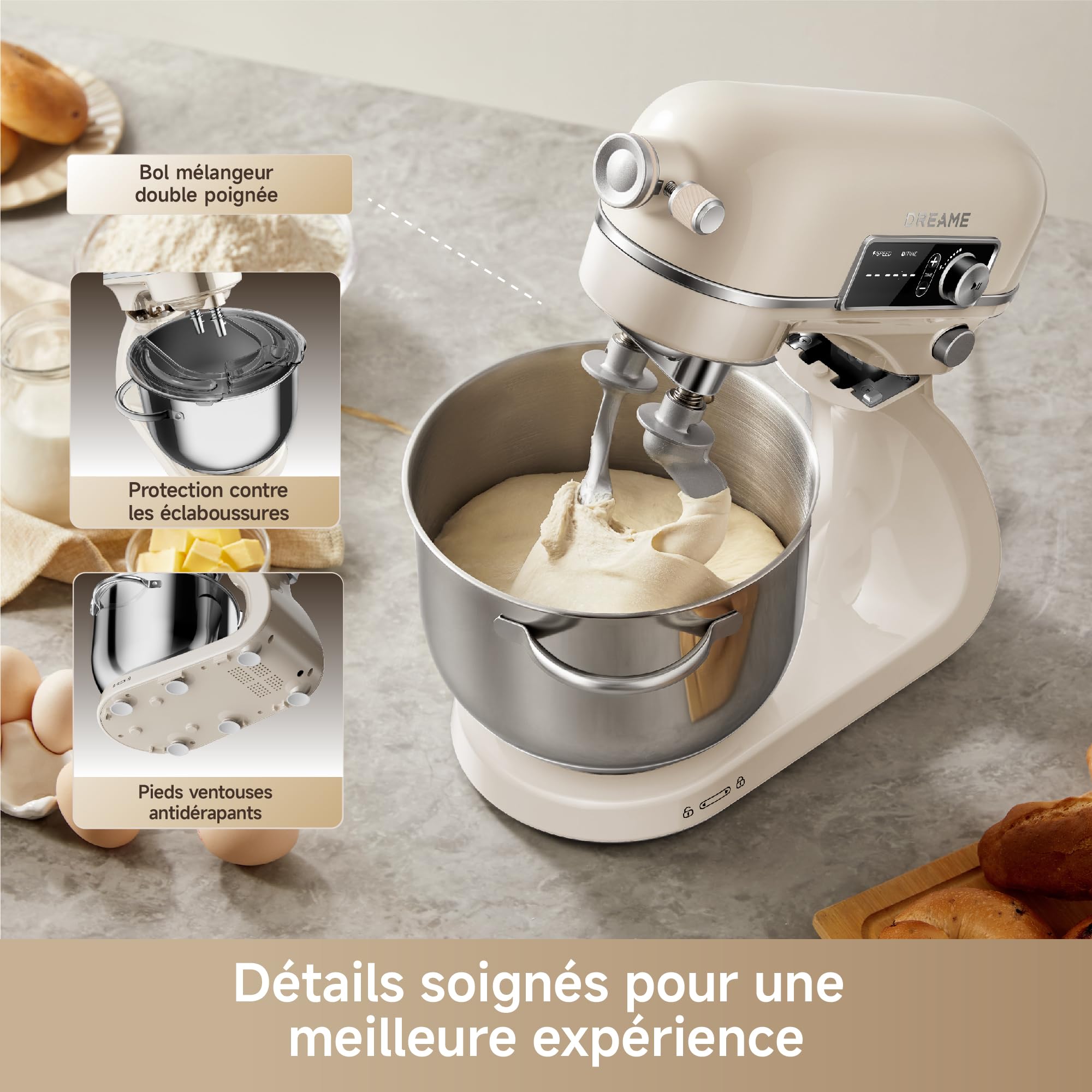 DREAME BioKnead Robot Pâtissier, 12 vitesses précises | double crochet bionique breveté, moteur DC 800 W, bol 6 L, corps tout métal, écran numérique, accessoires inclus