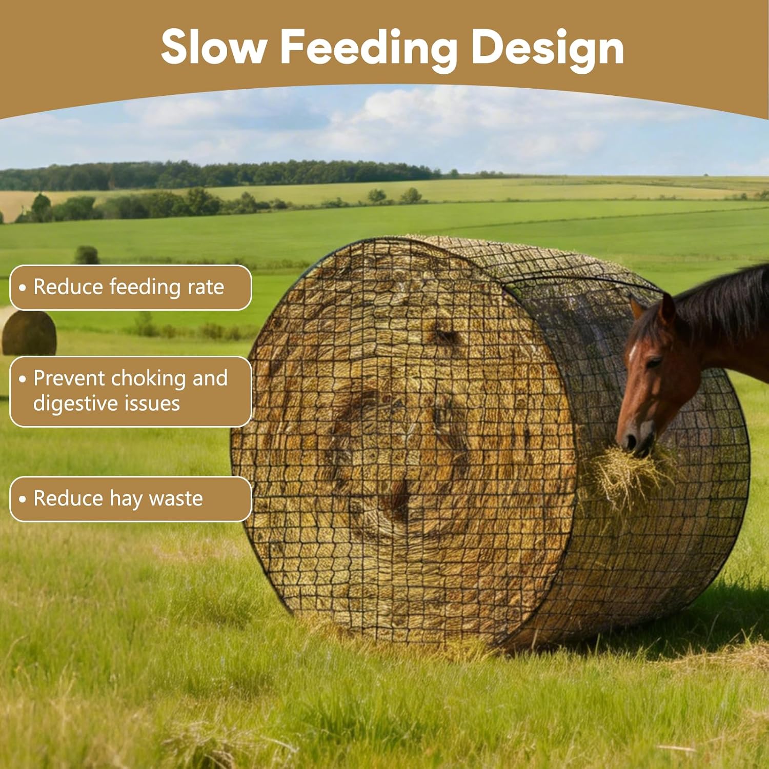 5×5 FT Round Bale Hay Net for Horses & Goats, Heavy Duty Knotless Slow Feed Hay Nets, 1.75" Mesh, Weather Resistant Round Bale Net with Repair Kit for Pasture and Barn