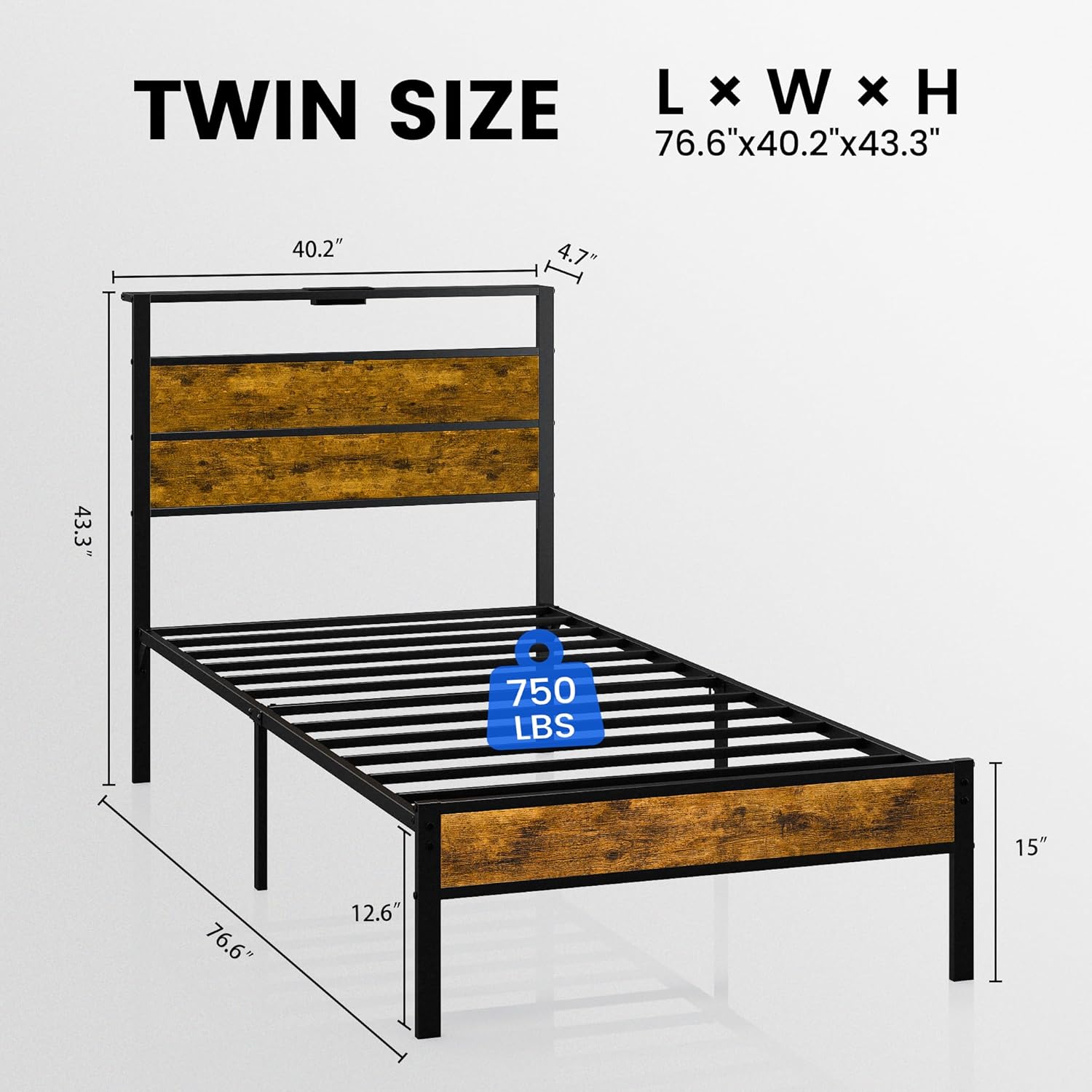 Twin Bed Frame with Storage Headboard and USB Charging Station, Smart LED Lights, Noise Free, Metal Platform Bed Easy Assembly, No Box Spring Needed - Image 2