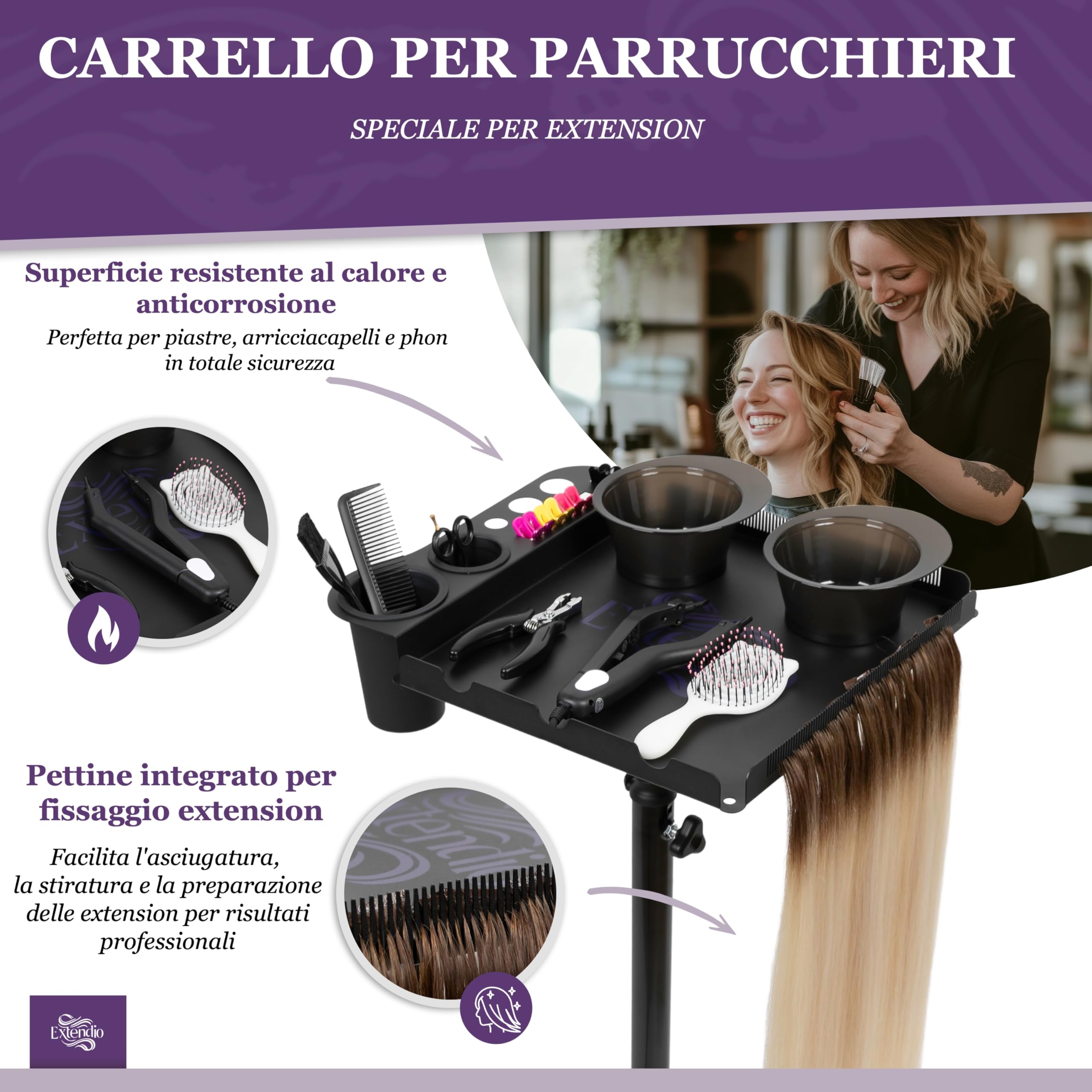 Carrello professionale per parrucchieri – mobile, regolabile in altezza e resistente al calore | Ciotole magnetiche e supporto pettine per extension – Perfetto per saloni e parrucchieri a domicilio
