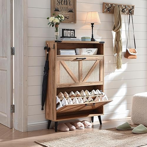 Miniatura 7 de Armario de almacenamiento de zapatos, organizador de zapatos de granja con 2 cajones abatibles y diseño de puerta de granero, armario independiente