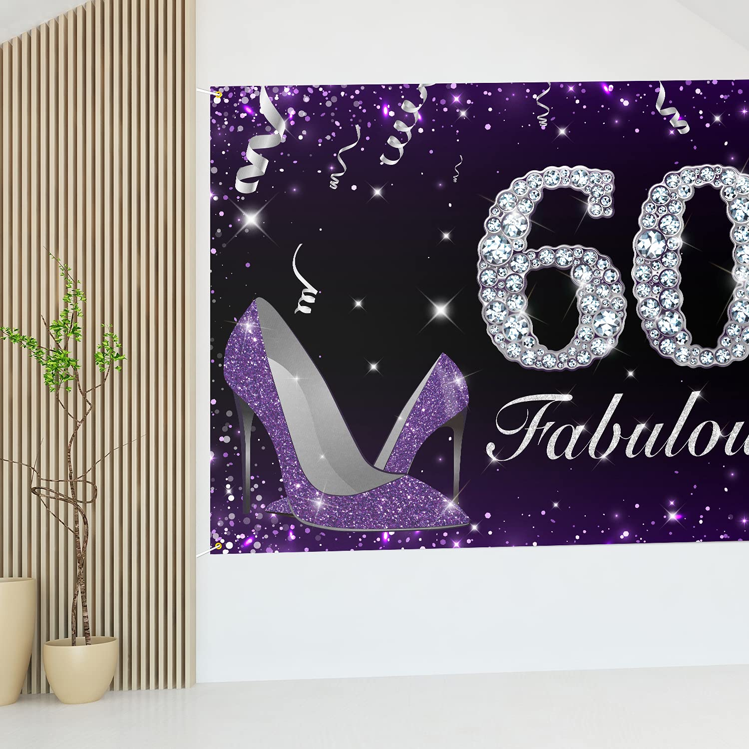 HAMIGAR 1,8 x 1,2 m Happy 60th Birthday Banner Hintergrund – 60 & Fabulous Heels Geburtstag Dekorationen Partyzubehör für Frauen – Lila