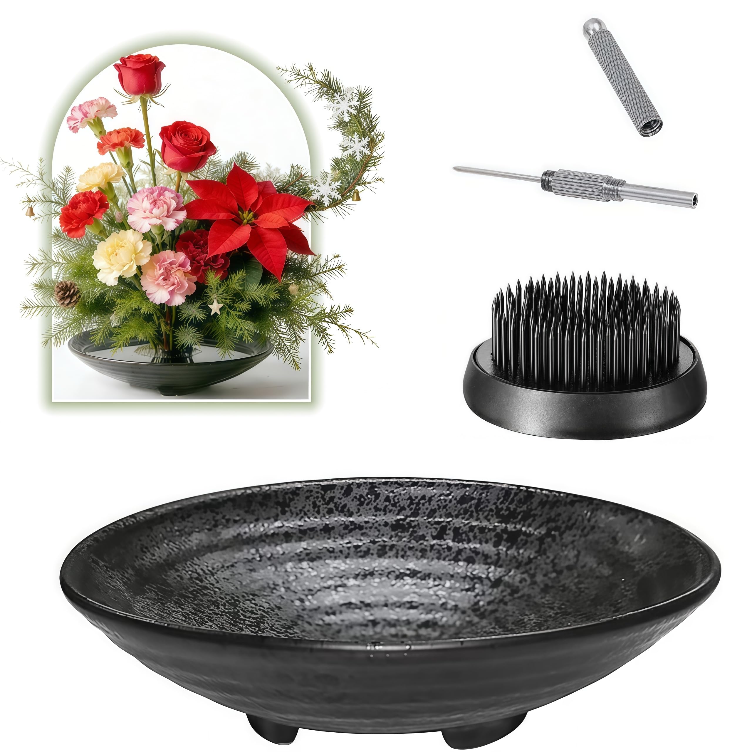 Japanese Ikebana Kit Floral Frog Flower Container with Kenzan Needle Straightening Tool - 1.57inch Black Flower Frog, 6.7inch Bowl Vase
