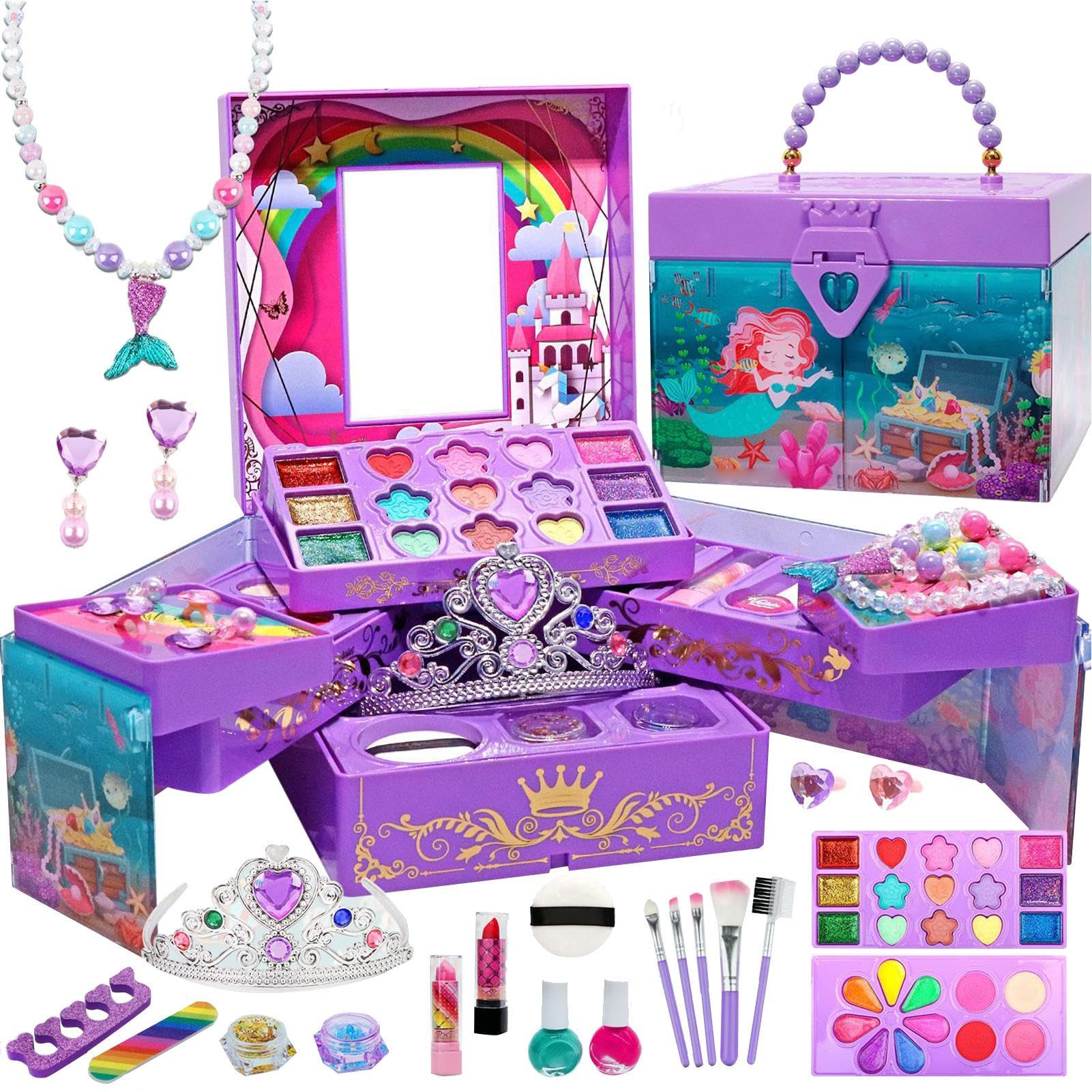 Kit Trucco per Bambini Lavabile Principessa | Set Trucco e Nail Design per Bambine per Spettacolo, Costume, Danza, Fotografia, Festa, Compleanno, San , Auto, Casa e