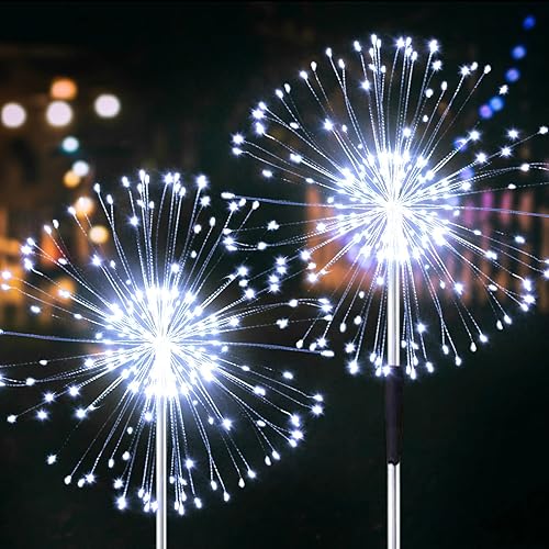Dengduoduo Paquete de 2 luces solares de jardín, luces solares de fuegos artificiales, luces solares impermeables al aire libre con 2 modos de