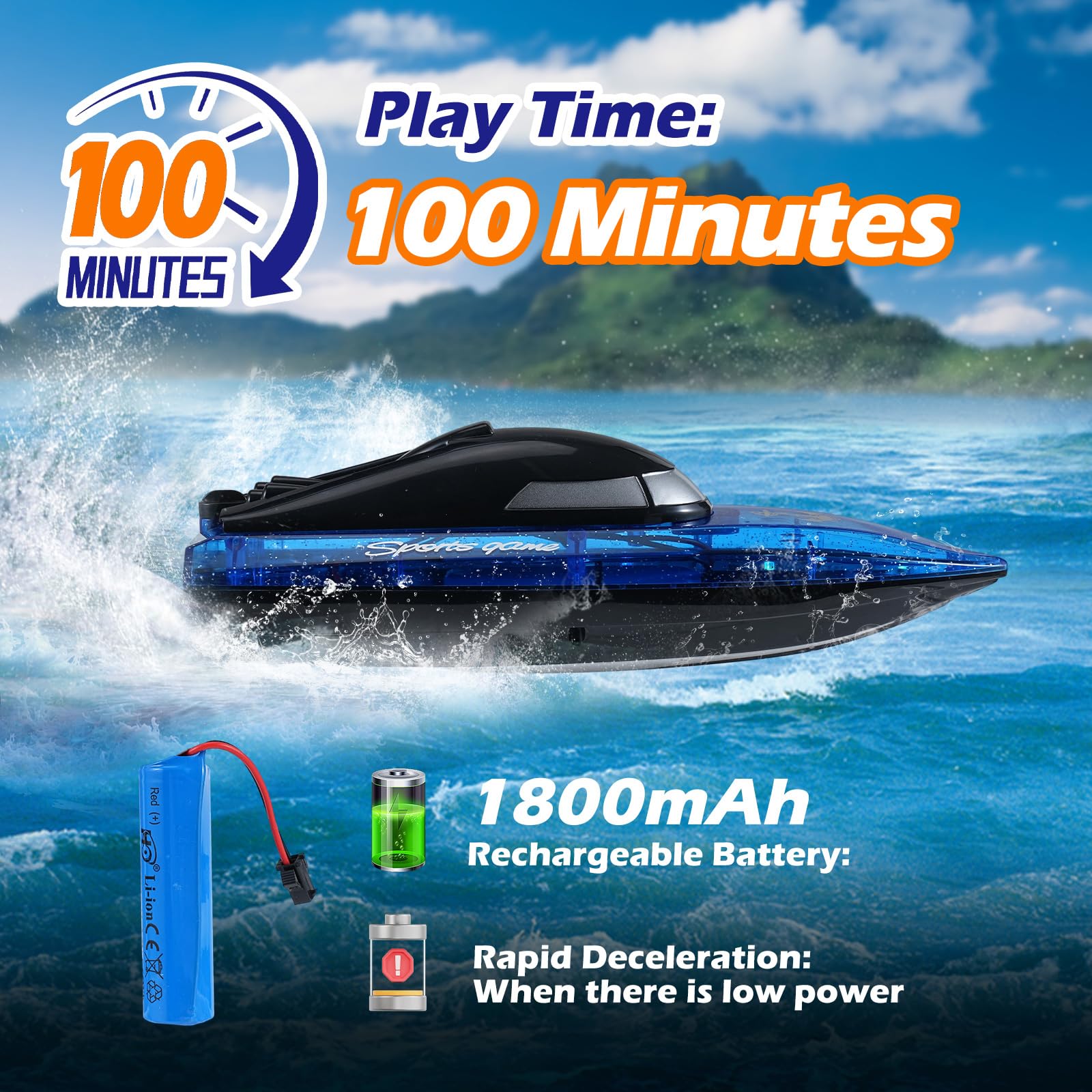 Bateau Télécommandé Autonomie 100min, 2.4GHz Grande Vitesse Bateau RC Anti-basculement avec Lumière LED Piles Rechargeables Lac Piscine étang Rivière RC Boat pour Enfants