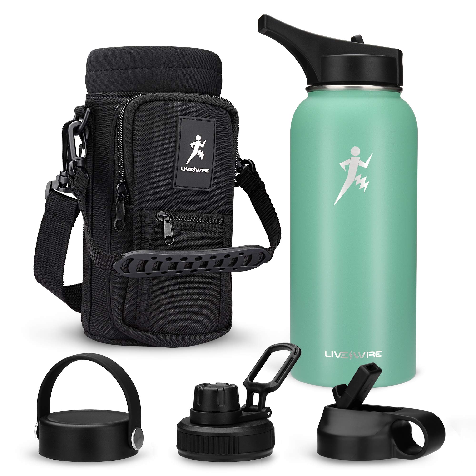 LiveWire Insulated Stainless Steel Water Bottle - Reusable Double-Wall Vacuum Flask Thermos with 4 Lids, Straw, & Carrier Bag - Zero BPA - Portable Container for Hot & Cold Drinks - 32oz - Sea G