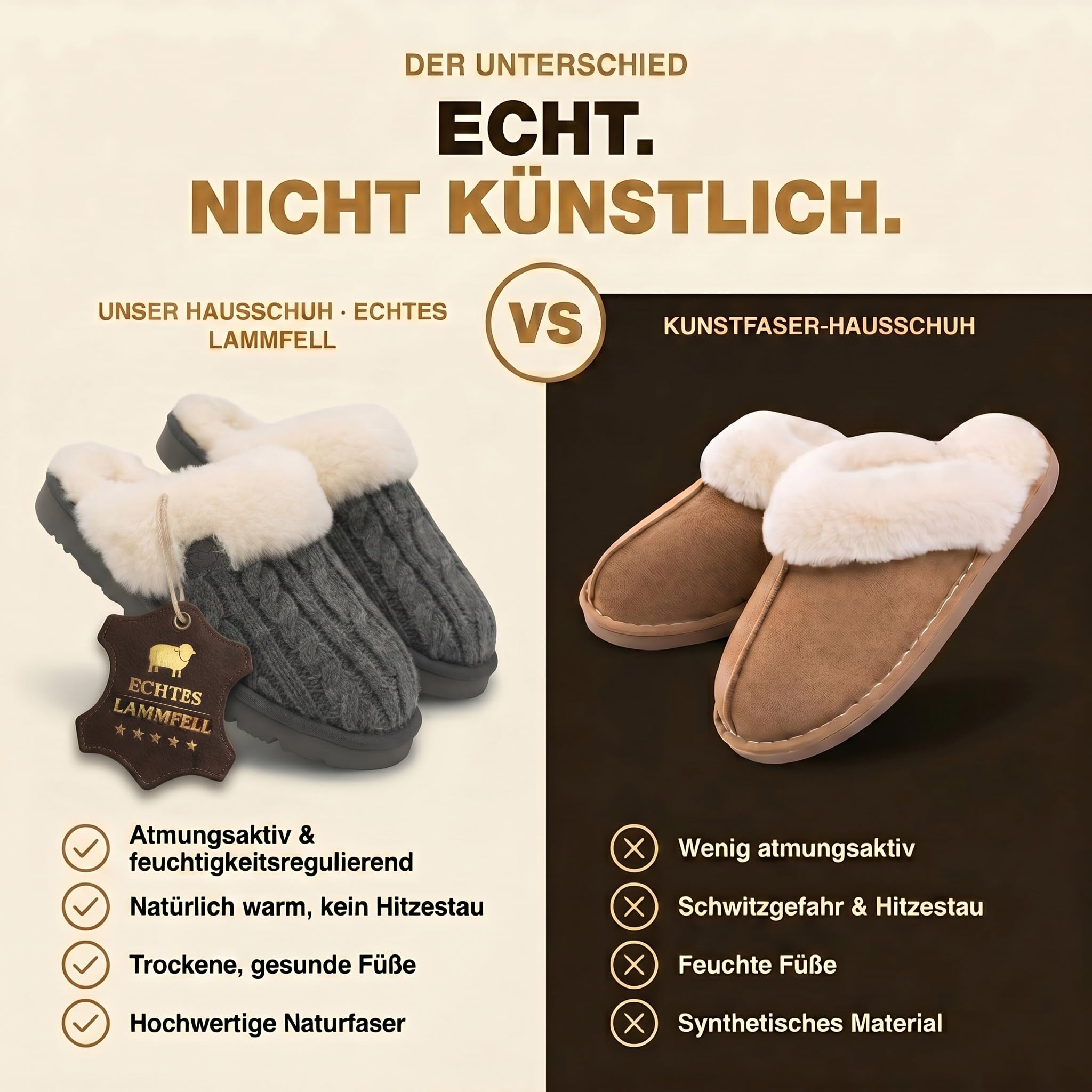 Rohn Moden Lammfell Hausschuhe Damen – Nuri – Warme Hausschuhe Damen mit Schaffell & rutschfester EVA-Sohle – Winter Pantoffeln für zuhause – Slipper gefüttert - Grau