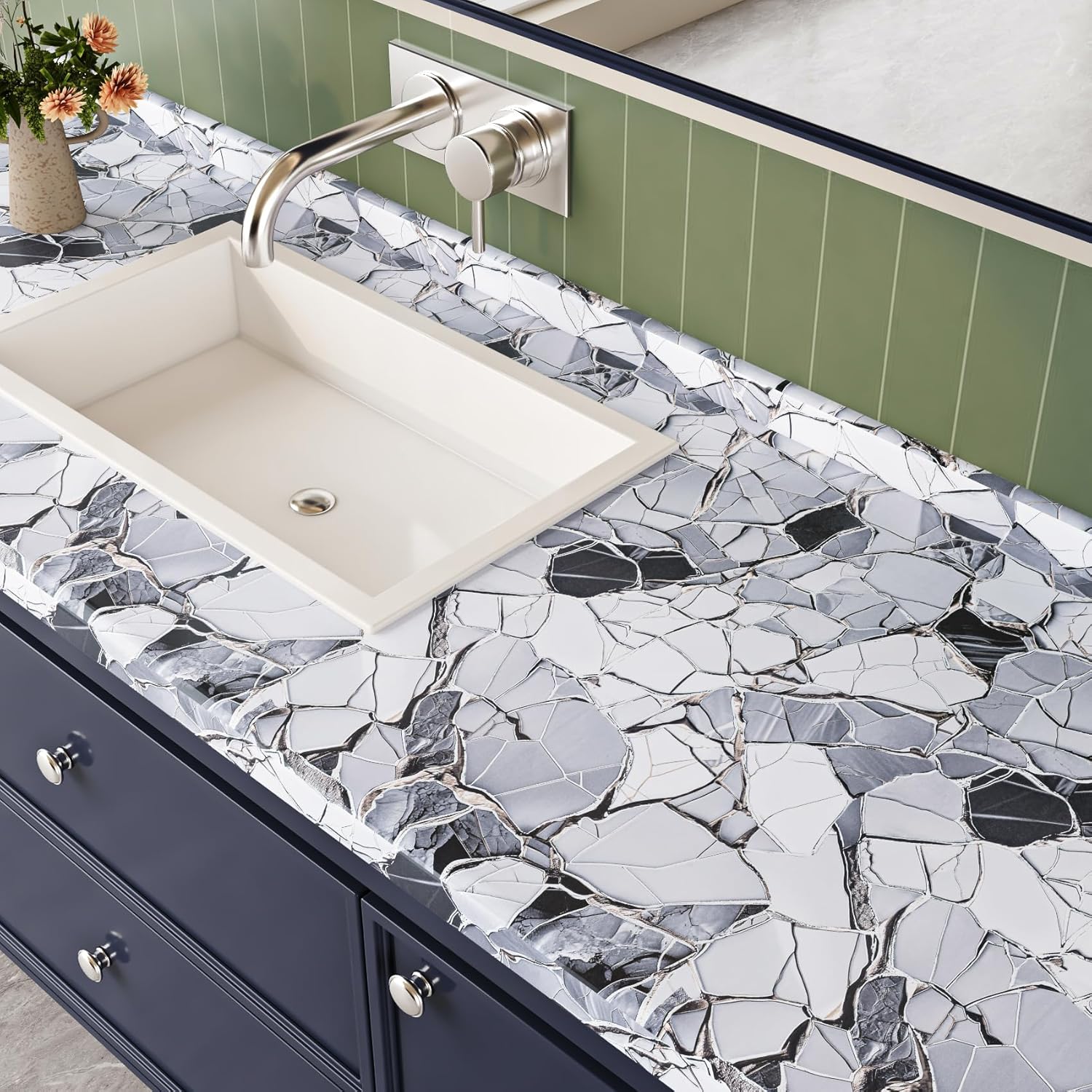 ReWallpaper Abstract Faux Stone Peel and Stick Wallpaper Removable Grey White Stone Wall Covering Waterproof Contact Paper for Kitchen Bathroom Countertops Laundry Room Bedroom Wall Decor 15.8inx23ft